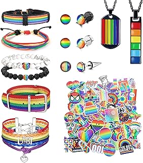 Gay Pride Stuff LGBTQ Accessories Lesbian Gay Pride Adjustable Bracelets Pride Rainbow Stud Drop Earrings Pride Rainbow Pendant Necklace Rainbow Stickers LGBT Jewelry Pride Gift For Women Men