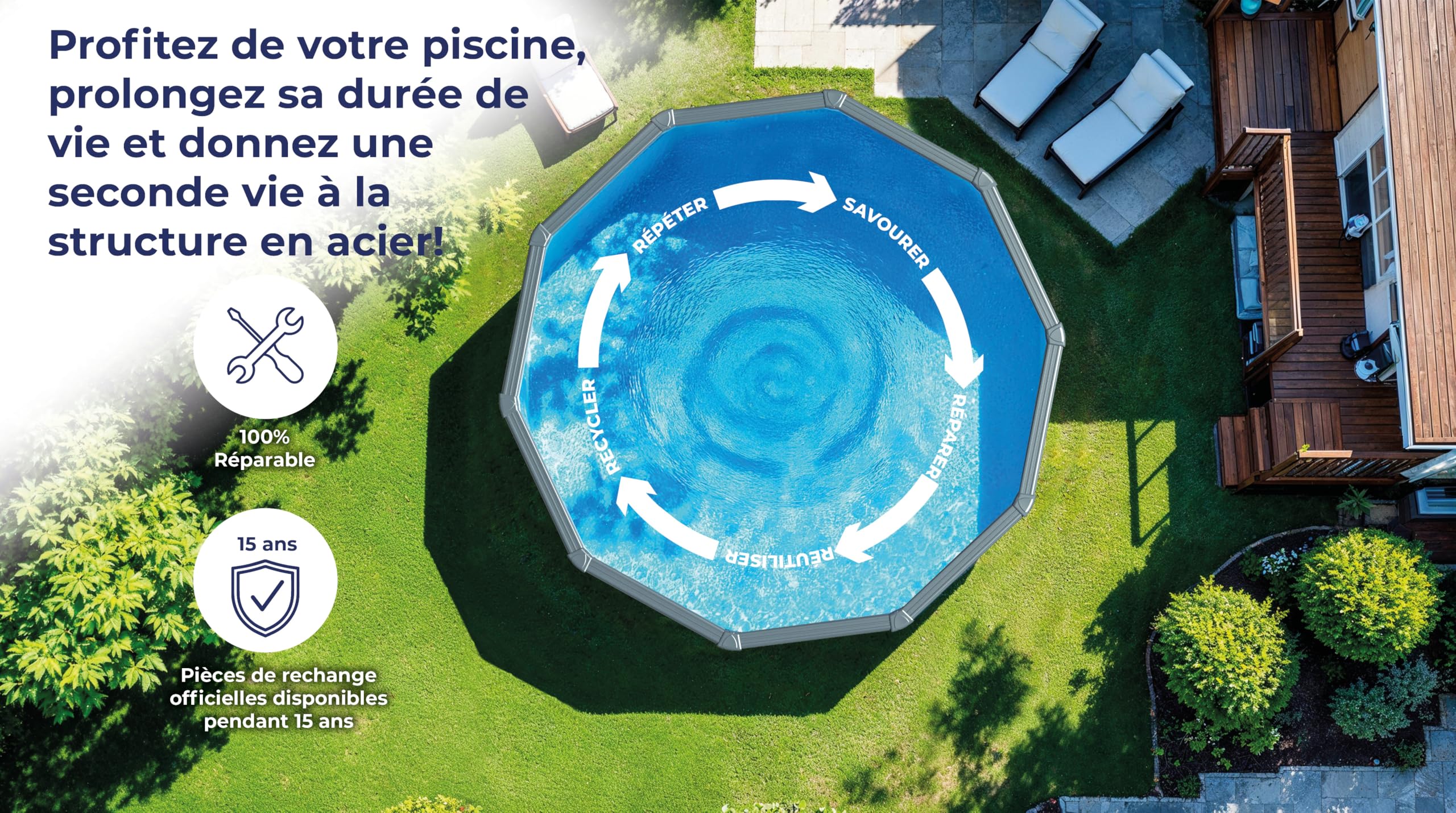 GRE KITPR453W Sicilia - Piscine Hors-Sol en Acier, Piscine Ronde avec Structure en Acier Imitation Bois. Piscines Hors-Sol pour Jardin, Ø460 x 120 cm