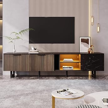 200 cm TV Cabinet with Black Marble Look TV Bench with Dark Wood Grain Doors TV Cabinet with Adjustable LED Lighting Two Doors Two Drawers Black