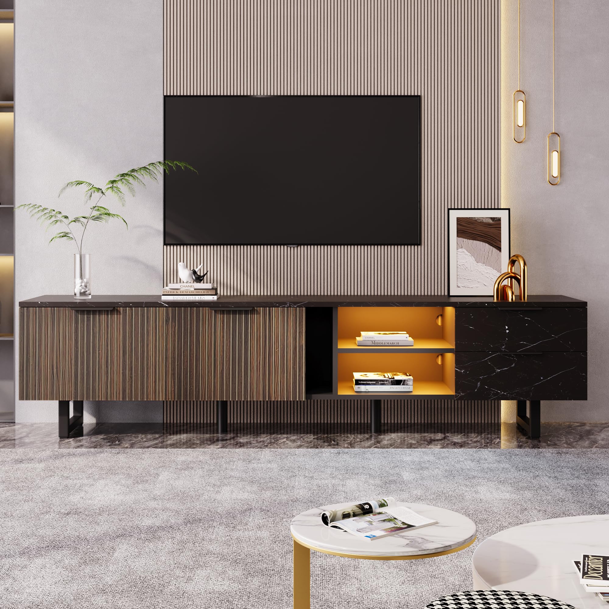 Mueble de TV de 200 cm con aspecto de mármol negro, puertas de vetas de madera oscura, iluminación LED ajustable, dos puertas y dos cajones, adecuado para robot aspirador, 200 x 50 x 38 cm
