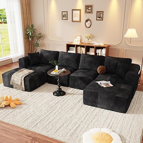 140" U-Shaped Sectional Sofa,4 Seat Modular Cloud Couch Boneless with 2 Convertible Ottomans & Deep Seat,No Assembly Required,Modern Chaise Lounge for Living Room,Chenille,Grayish-Black