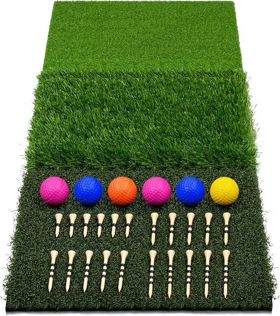 EAGLE WORK Large Size Tri-Turf Golf Practice Hitting Mat, Tight Lie, Rough and Fairway for Driving, Chipping and Putting, with Tees and Foam Practice Balls, 3-in-1 Golf Training Mat for Indoor Outdoor