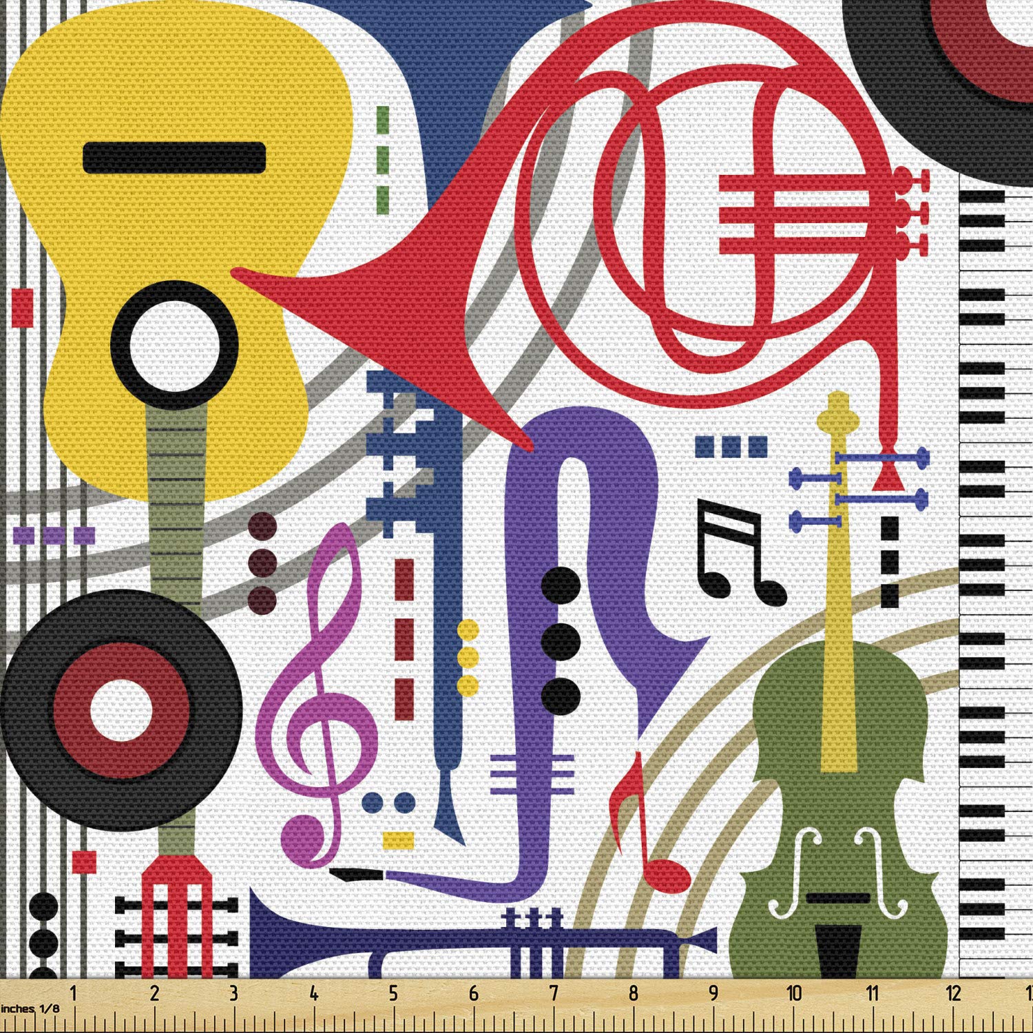 Lunarable Musical Fabric by The Yard, Abstract Design of Overlapped Classical Music Instruments and Note Lines, Decorative Fabric for Upholstery and Home Accents, 2 Yards, Yellow Purple