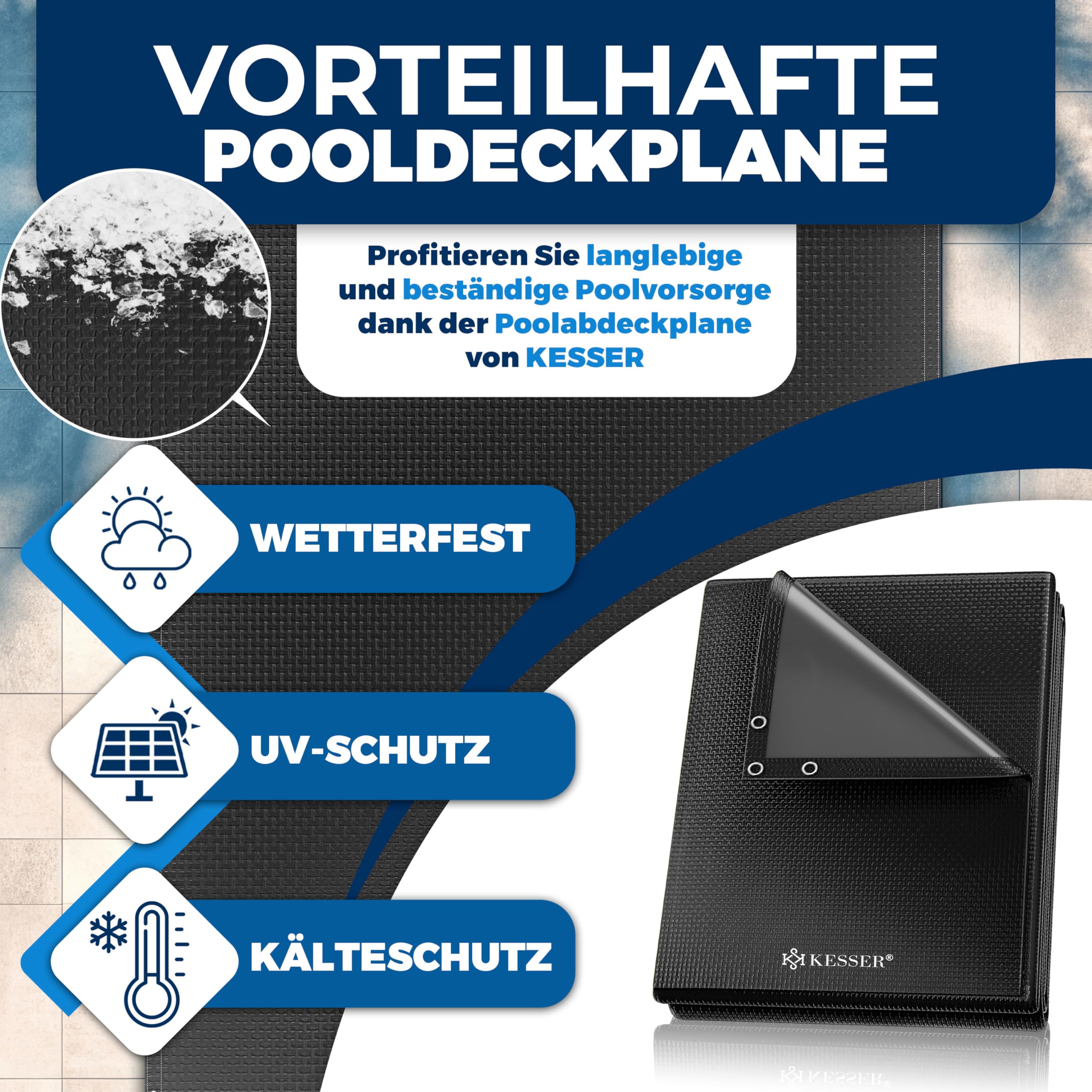 KESSER® Bâche de piscine solaire rectangulaire 304 x 210 cm 200 g/m² PE avec câble en acier + tendeur de câble avec œillets - Bâche solaire résistante aux UV et aux intempéries - Pour l'été et l'hiver