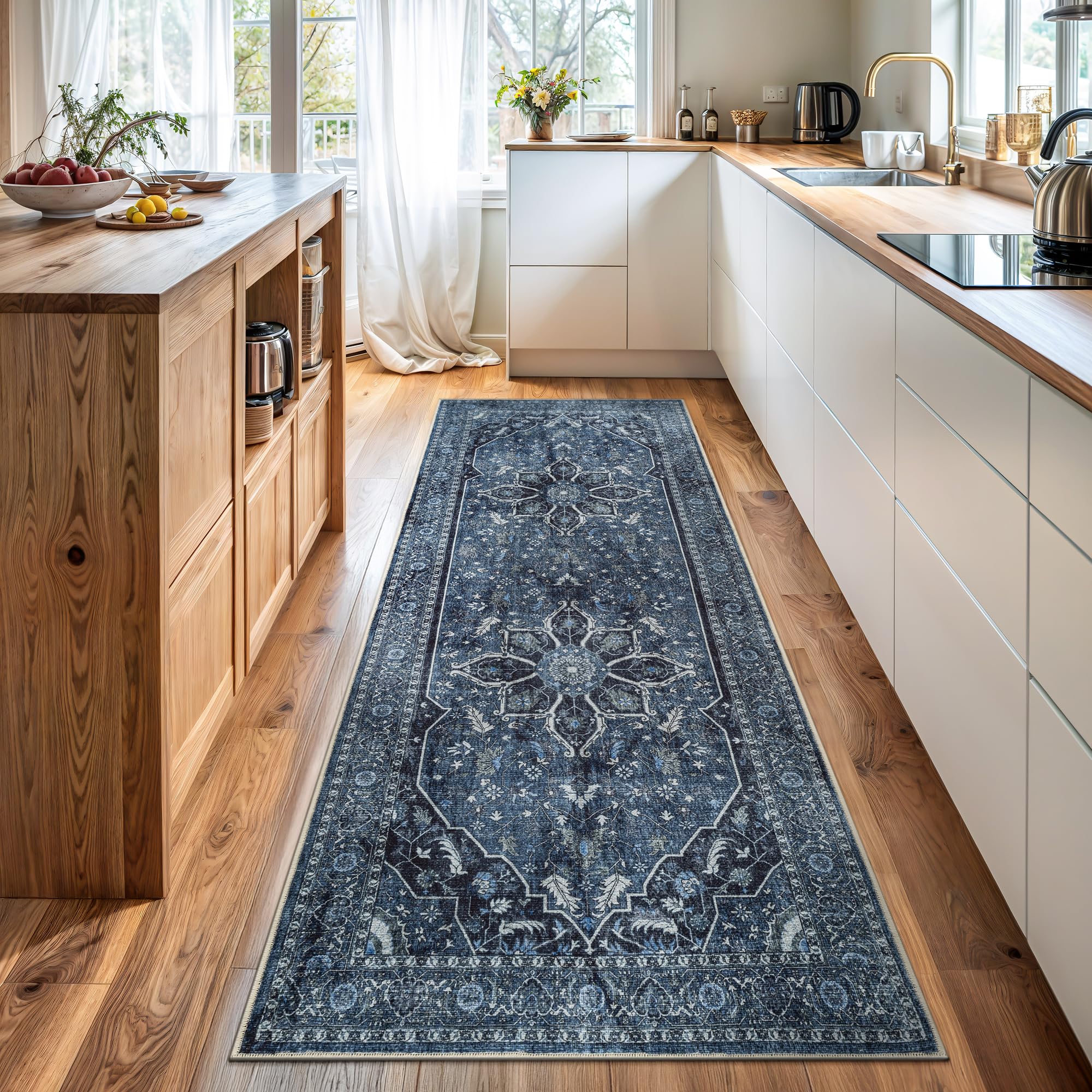 Bloom Rugs Caria Washable Non-Slip 12 ft Runner - Blue/Charcoal Traditional Runner for Entryway, Hallway, Bathroom, and Kitchen - Exact Size: 2'6" x