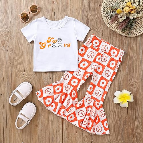 Miniatura 2 de Conjunto de 2 piezas para bebé niña pequeña camiseta de manga corta con letras pantalones acampanados pantalones acampanados ropa de festival