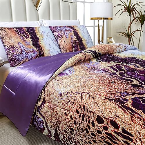 Miniatura 3 de AO AOAOWAY - Juego de edredón de mármol azul tamaño queen, 3 piezas (1 edredón + 2 fundas de almohada), diseño de acuarela de lava volcánica,