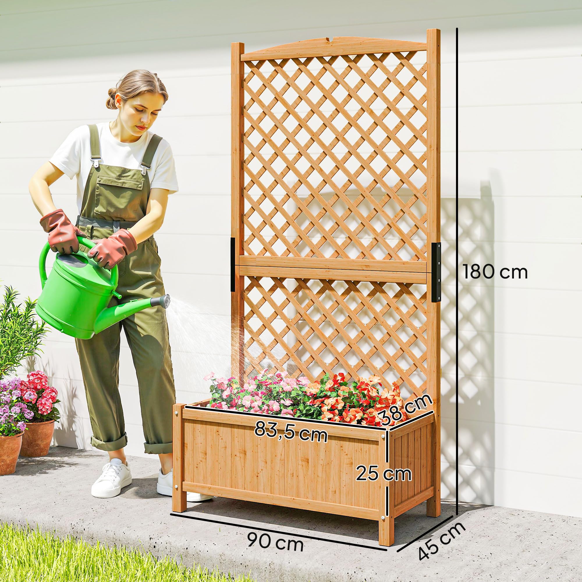 Outsunny Arriate de Jardín con Enrejado Jardinera con Celosía Macetero con Soporte para Trepadora Cultivos Plantas Flores para Exterior Patio Terraza Balcón 90x45x180 cm Natural