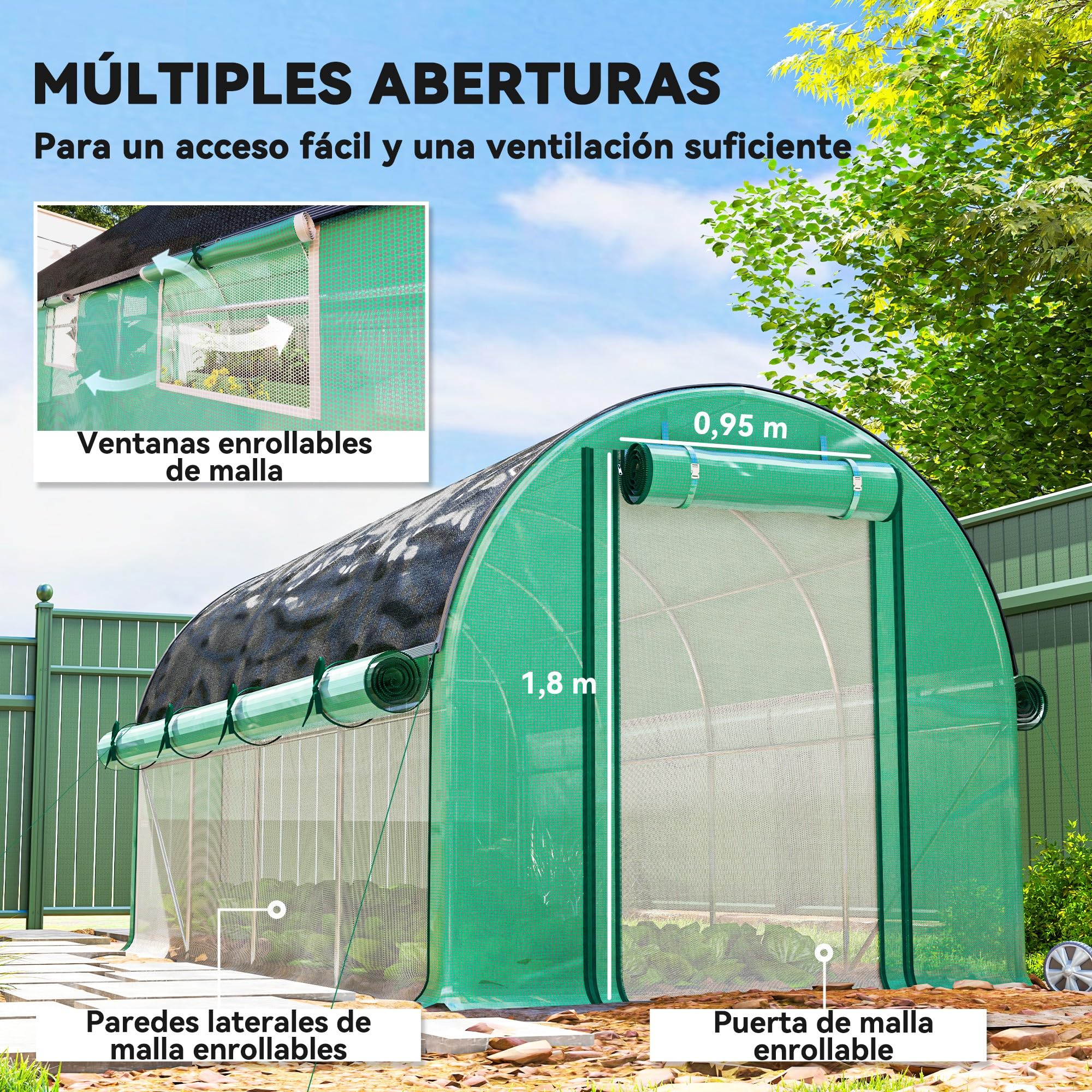 Outsunny Invernadero de Exterior 4,5x2x2 m con Cubierta Extra Túnel Verde | Paredes Laterales Enrollables, 8 Ventanas de Malla, Doble Puerta Enrollable, para Jardín Patio