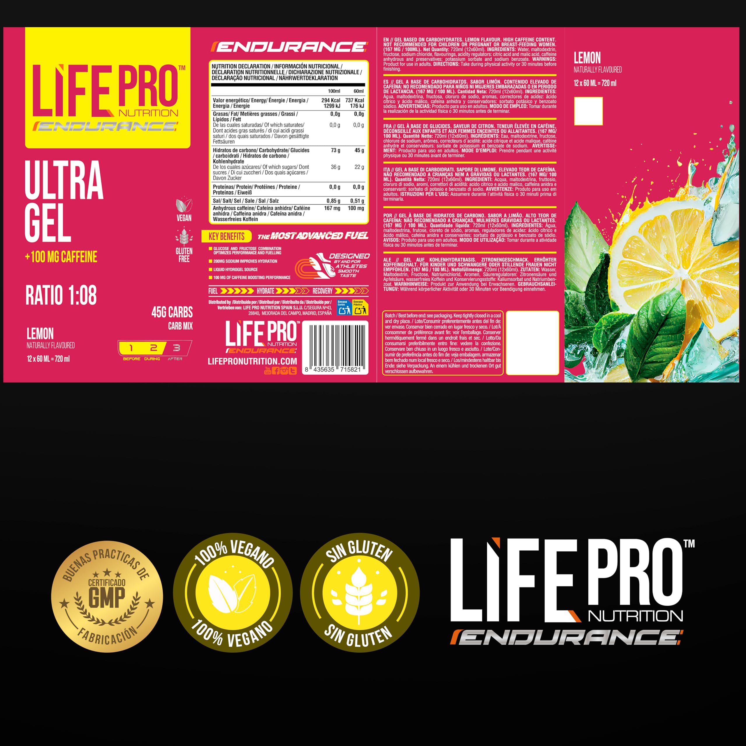 Life Pro Endurance Ultra Gel 1:08 12X60Ml - Gel energetico + caffeina per atleti di resistenza, corridori, ciclisti e triatleti con carboidrati ed elettroliti a rapido assorbimento - Limone