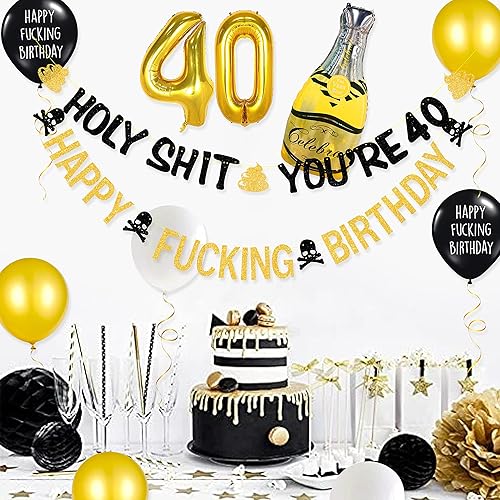 Miniatura 3 de Divertida pancarta de 40 cumpleaños con texto en inglés «Holy Shit You're 40» Happy Fucking Birthday Banner Foil Globo 40 Negro Dorado 40 Cumpleaños