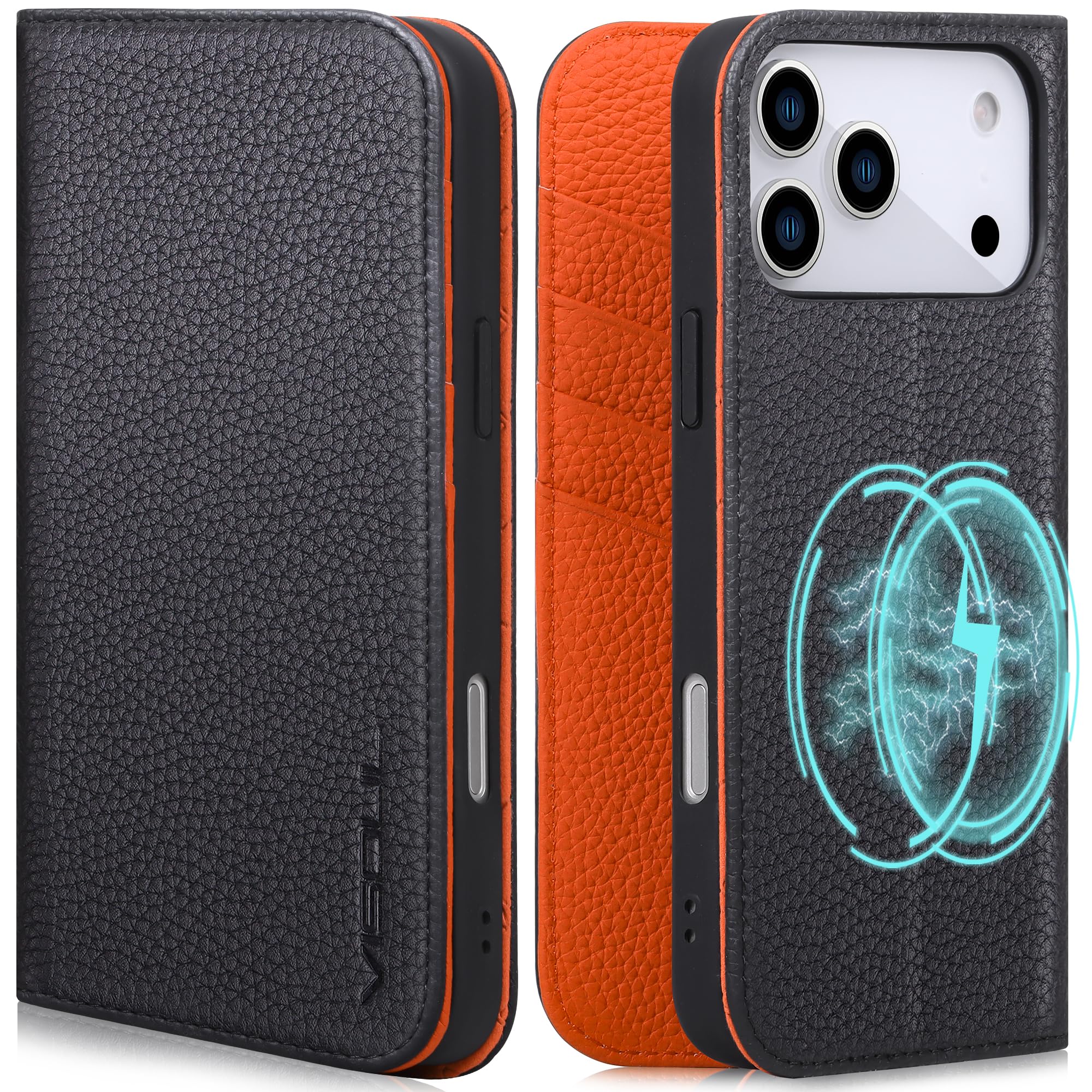 VISOUL iPhone 17 Pro Max 対応 ケース 手帳型 本革 アイフォン17 プロマックス 手帳型ケース MagSafe対応 スマホケース レザー カード収納 携帯カバー 横置きスタンド機能付き マグネット式 全面保護 柔軟なTPU素材 アイホン17 ProMaxブラック・オレンジ
