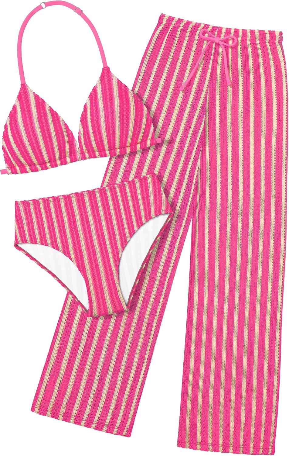 Girls Swimsuit V-Neck Halter Backless 3 Piece Bikini Sets with Cover Up Pants Stripe Bathing Suit for Girls 7-14 Years
