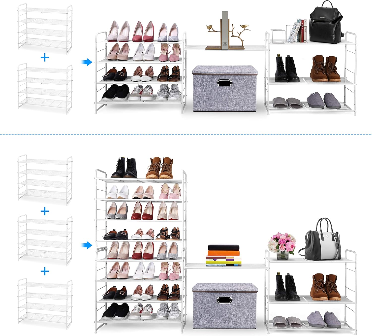Simple Trending 4-Tier Stackable Shoe Rack, Expandable & Adjustable Shoe Organizer Storage Shelf, Wire Grid, White