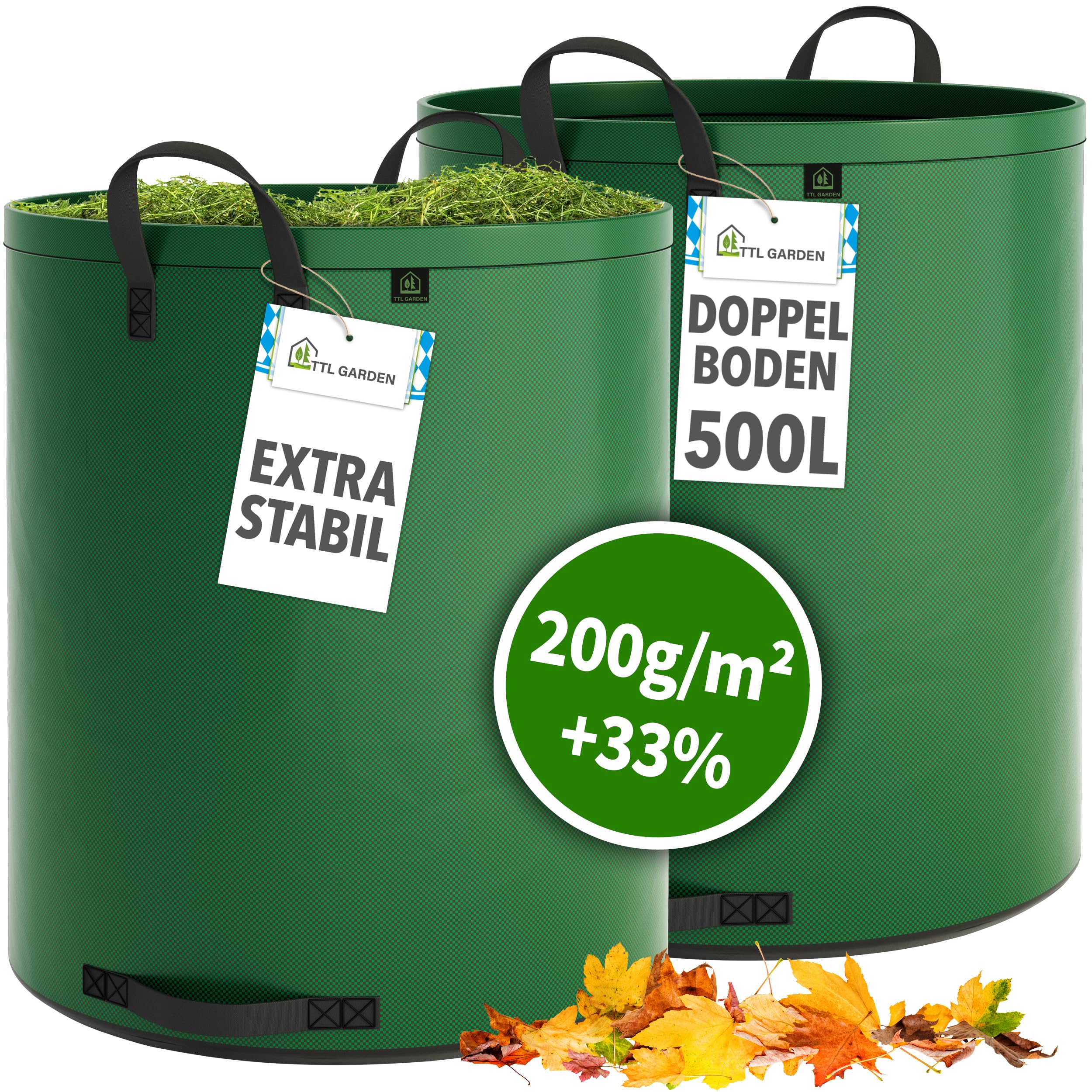 TTL Garden 2 x 500 l super solidny worek ogrodowy zielony – podwójne dno 2 x 200 g/m², bardzo stabilny i odporny na rozerwanie, wolnostojący, 4 uchwyty, duży, wytrzymały, zestaw 2 worków na liście