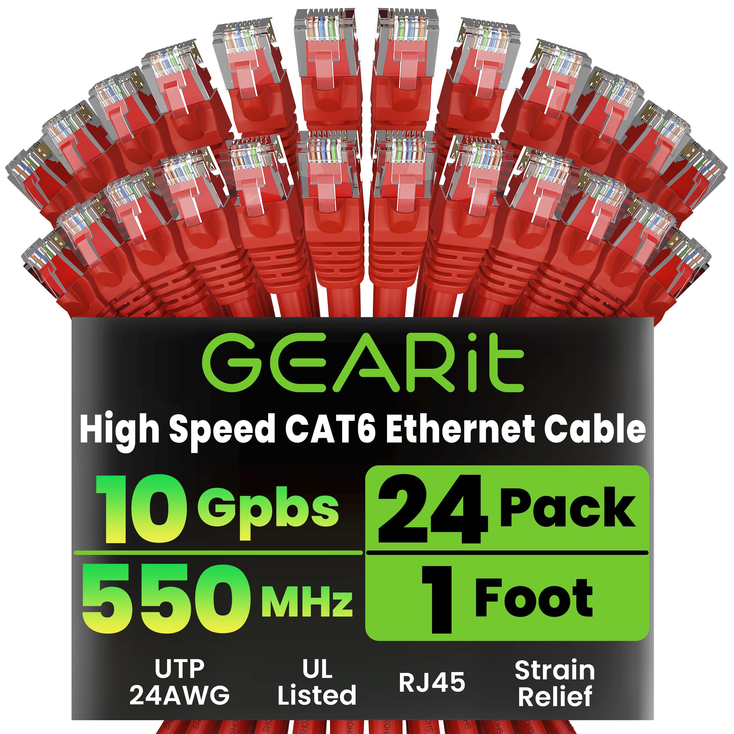 GEARit Cat 6 Ethernet Cable (24-Pack 1 Foot) Cat6 Network Patch, 10Gbps, RJ45, Snagless Cord, Gold-Plated Connectors, Internet for PC, TV, Tablet,