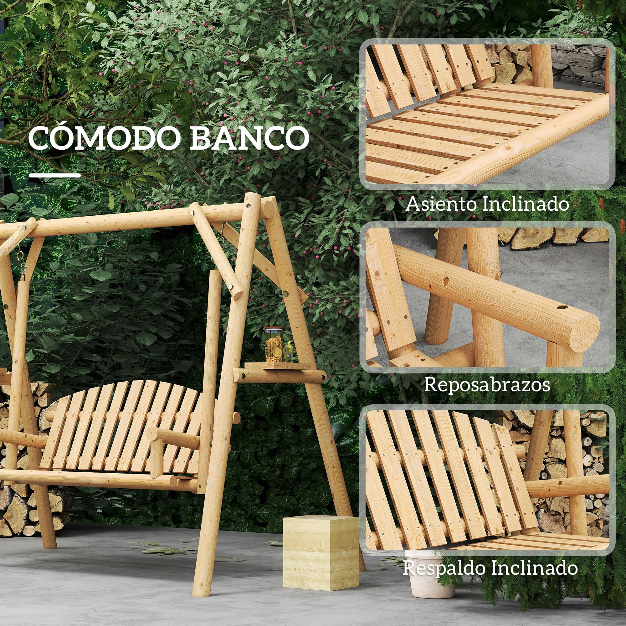 Outsunny Banco Columpio de Jardín de Madera de 2 Plazas Balancín de Jardín Exterior con Bandejas Laterales Reposabrazos y Estructura en A para Patio Porche Carga 240 kg 200x135x175 cm Natural