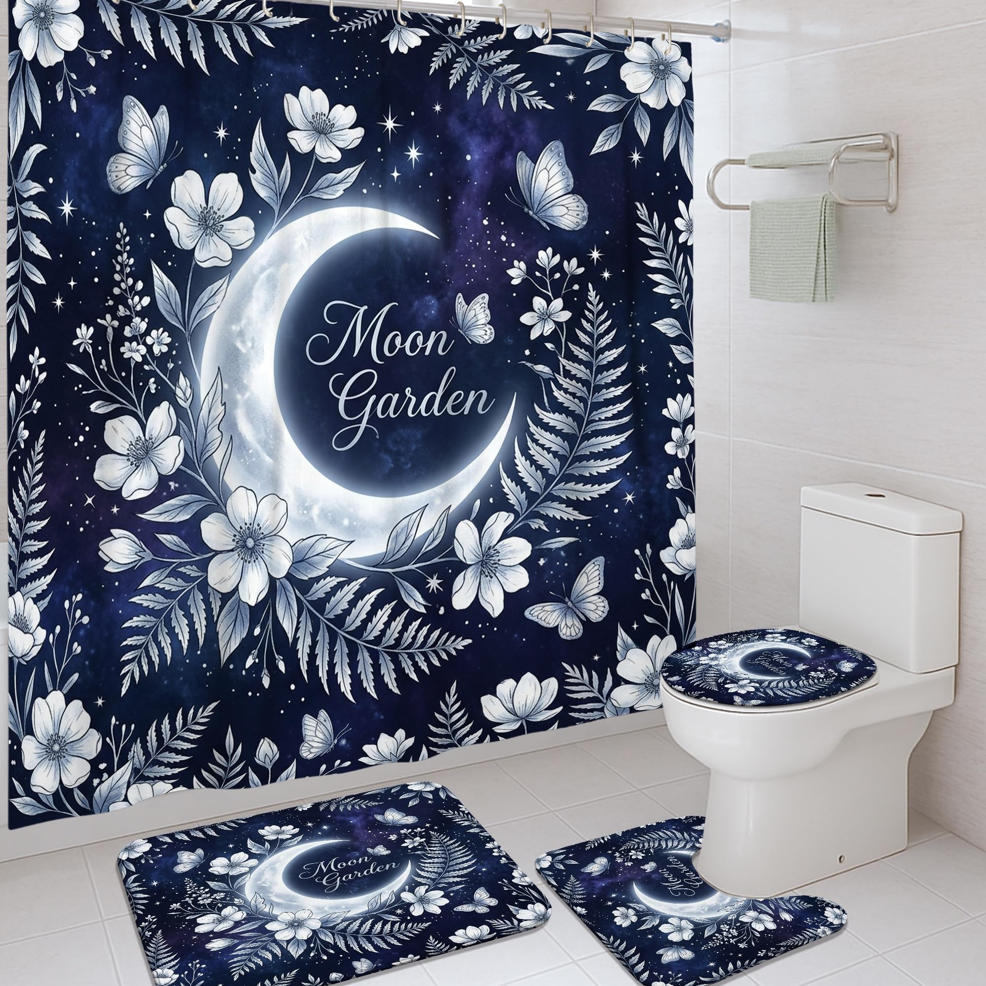 Rideau de douche lune et tapis bleu marine lavable en toile 183 cm