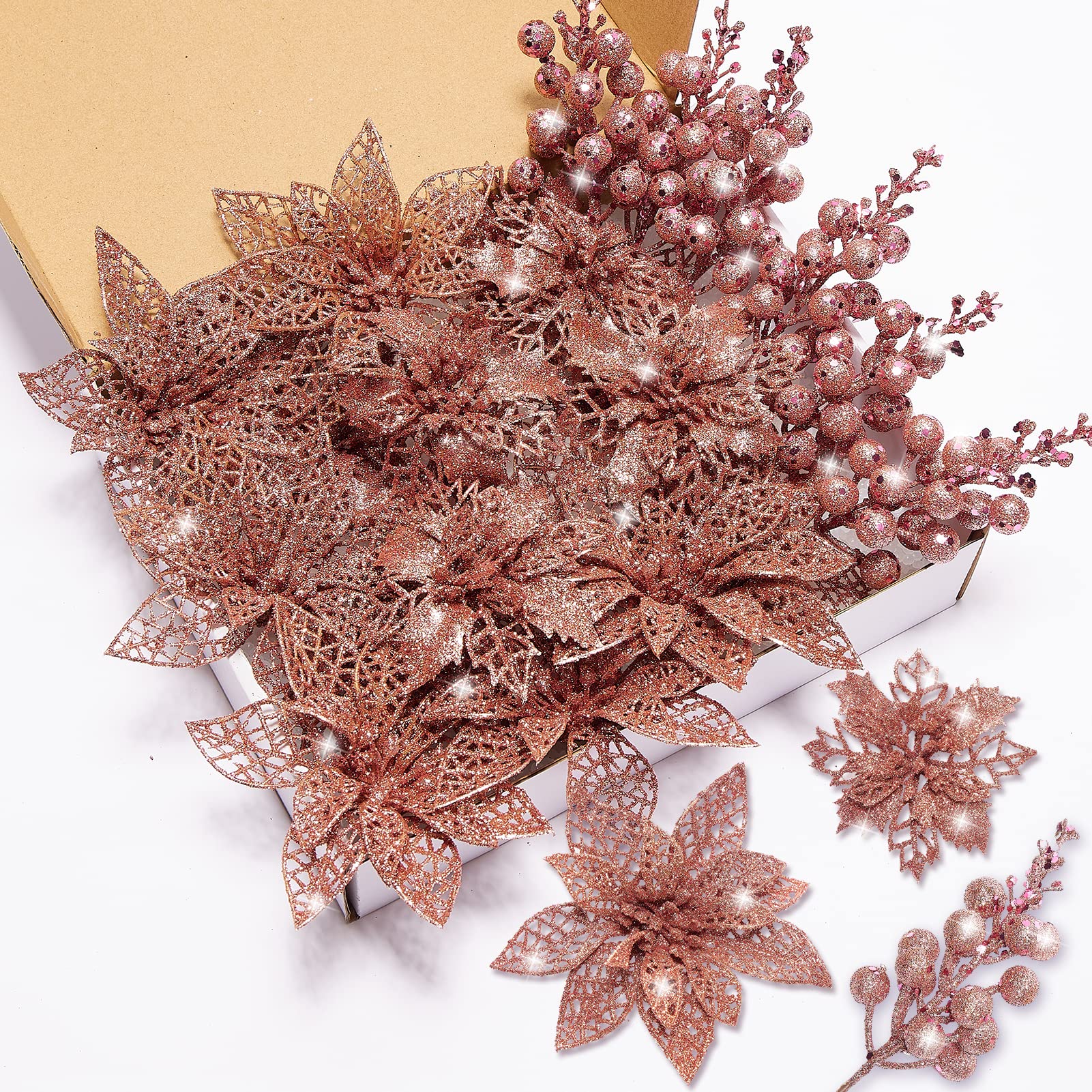 Xmastell Rosegold Poinsettia Artificial Flowers Set, 22 Pcs Christmas Flowers For Tree With 16 Poinsettia & 6 Berries Picks, Xmas Tree Flower Decorations For Festive Home Decor