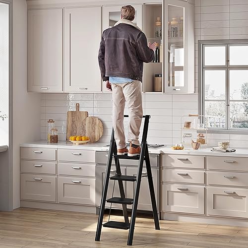 Miniatura 6 de JOISCOPE Escalera de 4 escalones, taburetes plegables para adultos con pedal antideslizante ancho, escalera de acero ligera y resistente de 600