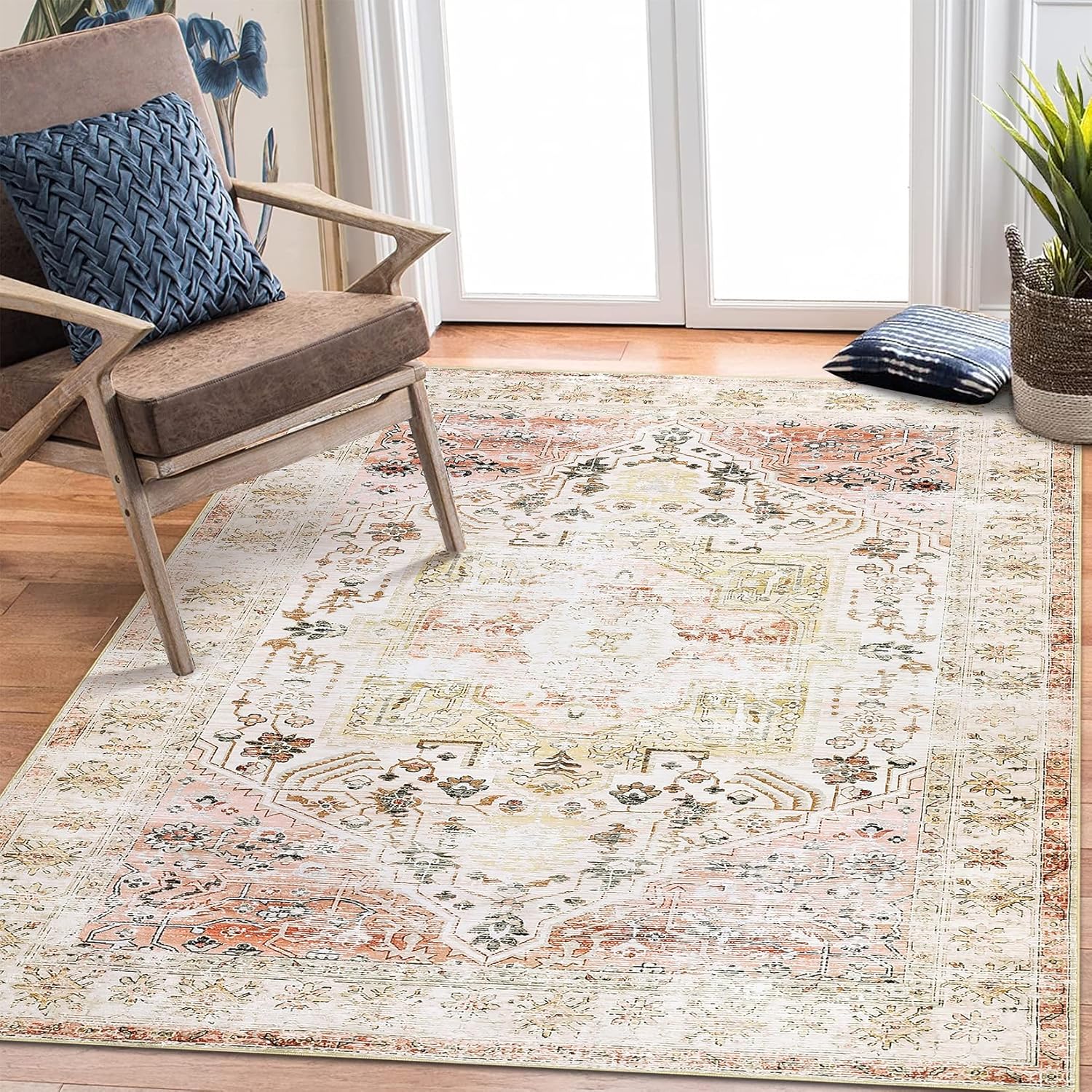 GarveeHome 3x5 Washable Area Rug – Stain Resistant, Non-Slip Low Pile Carpet, Vintage Oriental Floral Design for Bedroom, Living Room, Entryway, Kitchen (Pink)