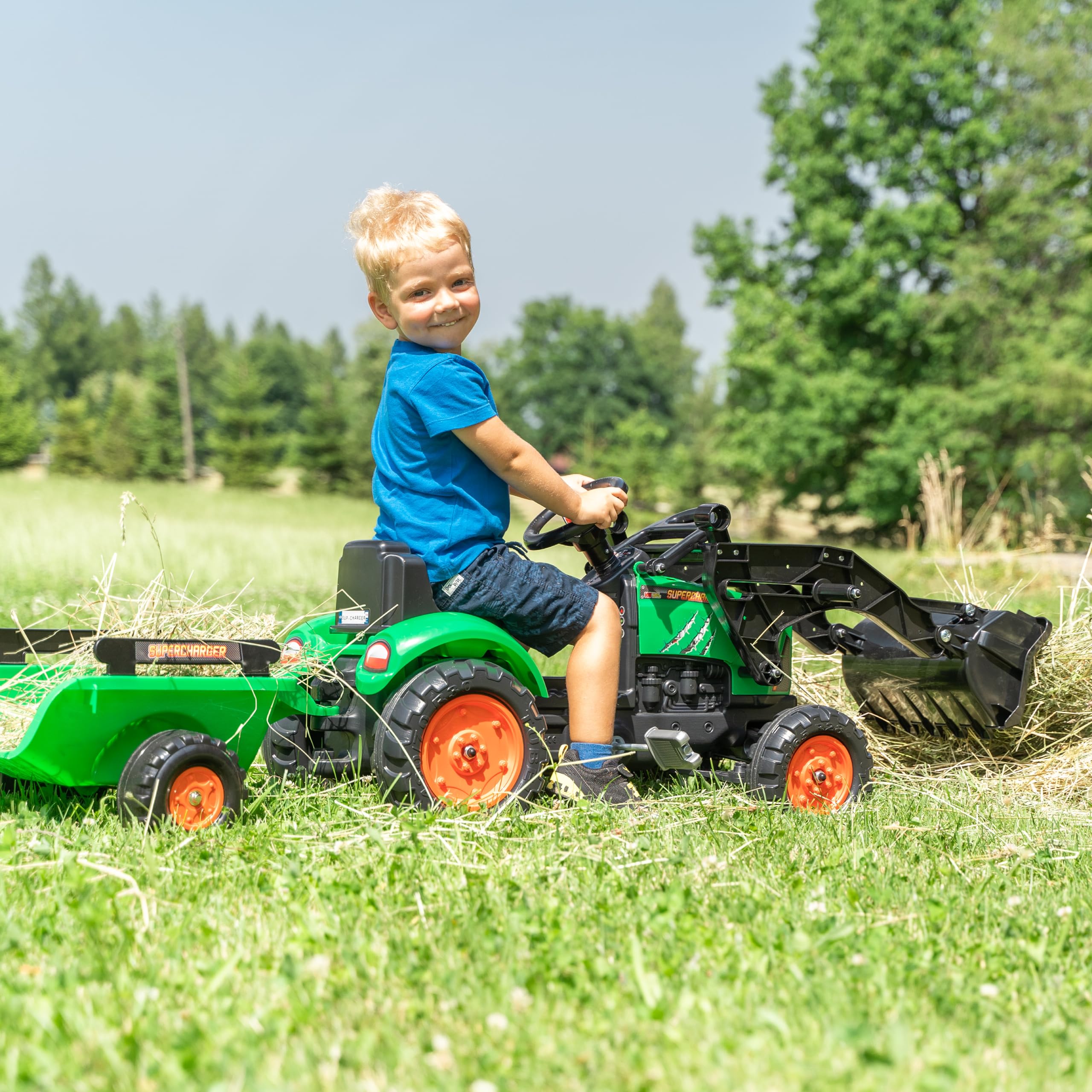 Tracteur à pédales SuperCharger avec pelle et remorque Falk | King Jouet France - Tracteurs à pédales Tracteur à pédales SuperCharger avec pelle et remorque Falk | King Jouet France - Tracteurs à pédales