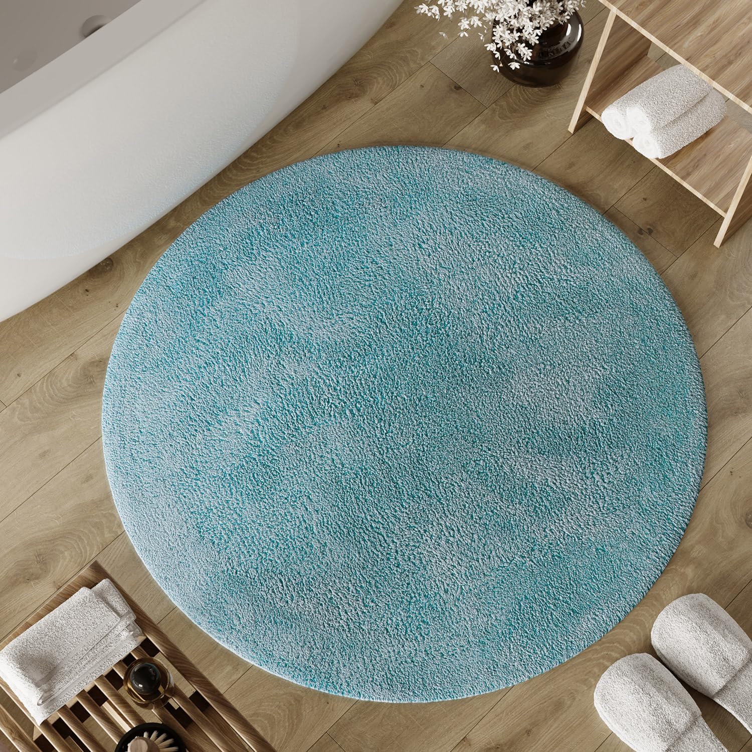 Wecon Home Basics - Tappeto da bagno Erik, morbido tappeto in cotone tuffo, antiscivolo e lavabile, con pelo morbido e effetto trasparente (80 cm, rotondo, fumo, blu)