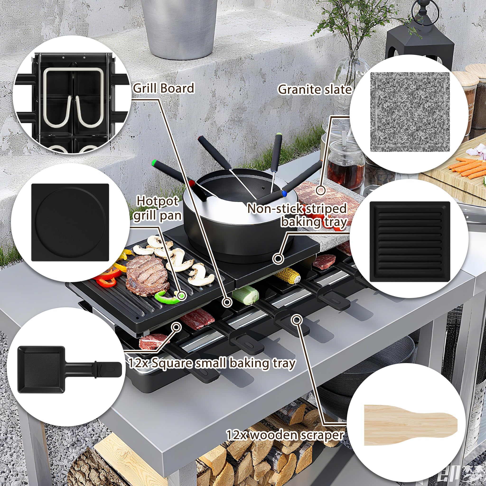 1650W Raclette Grill für 12 Personen Doppelstöckiger Tischgrill inkl. Antihaftbeschichtet, Steinplatte, Klein Tablettes, Holzspateln, Suppentopf & Kabel Edelstahl Elektrogrill für Party Camping