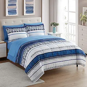 Sweet Home Collection 7 Piece Comforter Set Bag Solid Color All Season Soft Down Alternative Blanket & Luxurious Microfiber Bed Sheets, Mediterranean, Queen