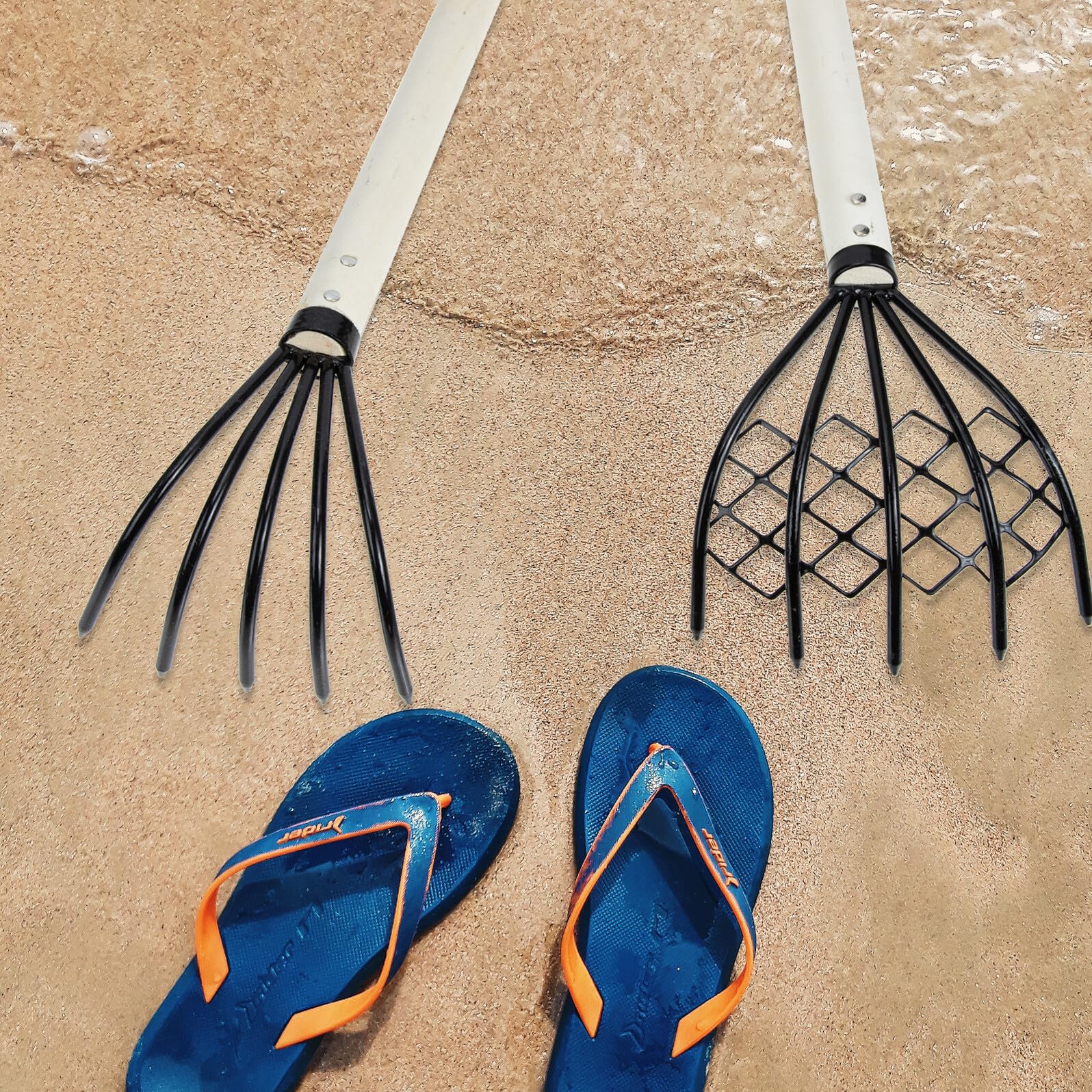 Ergonomischer Muschelrechen mit Griff und Eisen 2 Stück Handkultivator zum Graben und Lockern von Erde Am Strand für Sommerurlaub und Jagd