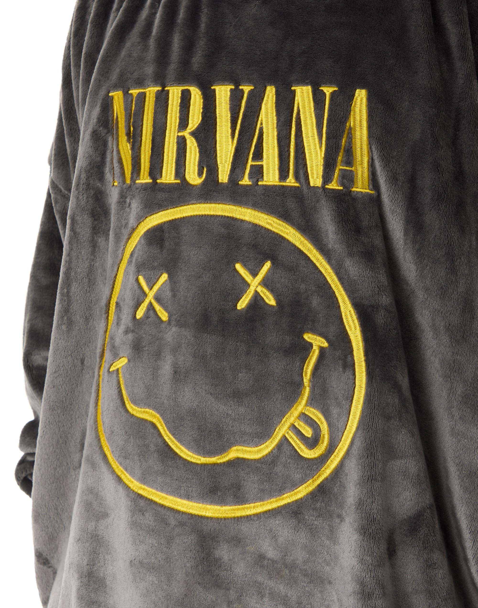 Nirvana Felpa con Cappuccio Coperta indossabile da Uomo | Pullover con Cappuccio Grigio per Adulti con Stampa Grafica del Volto del Logo Abbigliamento da casa Rock Band Foderato in Sherpa