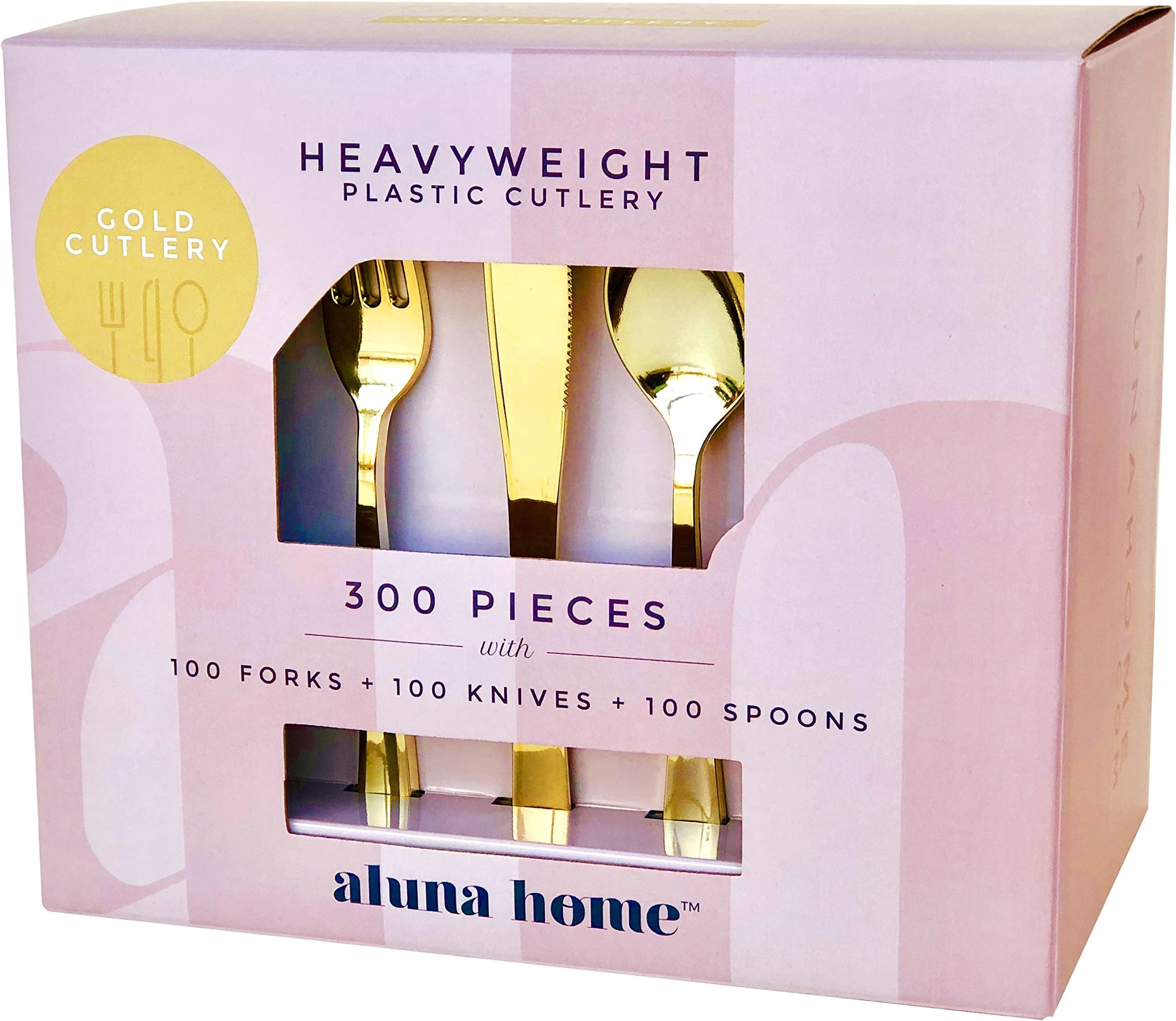 ALUNA HOME | Premium 300 Piece Gold Plastic Cutlery Set - Heavyweight Full Size Disposable Silverware - Elegant BPA-Free Flatware - Includes 100 Forks, 100 Knives and 100 Spoons