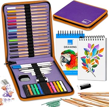 COLOUR BLOCK 40-Piece Drawing Travel Art Set Portable Sketch and Drawing Art Kit with 16 Colored Pencils, 12 Soft Pastels, 2 Sketching Pencils, 8 Tools, Pad, Zip Case for Beginners, Artists, Adults