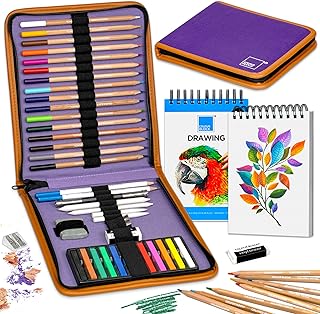 COLOUR BLOCK Drawing Travel Art Set - 60 sheets 6 x 8 Inches Drawing Pad,16 wood Colored Pencils, 12 Soft Pastels Set, 2 Sketching Pencils, and 8 Assorted Tools