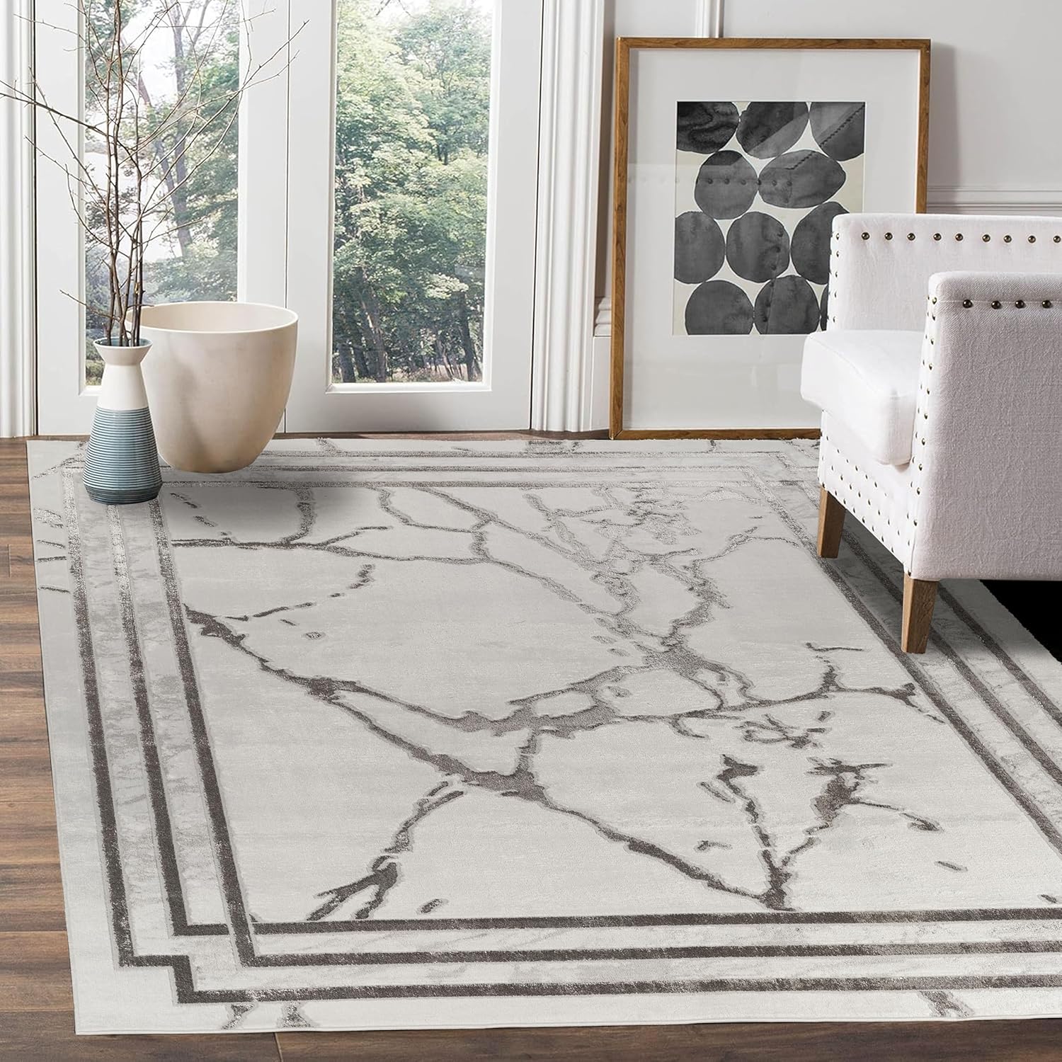 GLORY RUGS Area Rugs Marble 8x10 Cream Gold Border Carpet Elegant Modern Abstract Rug Living Room Dining Bedroom Rug