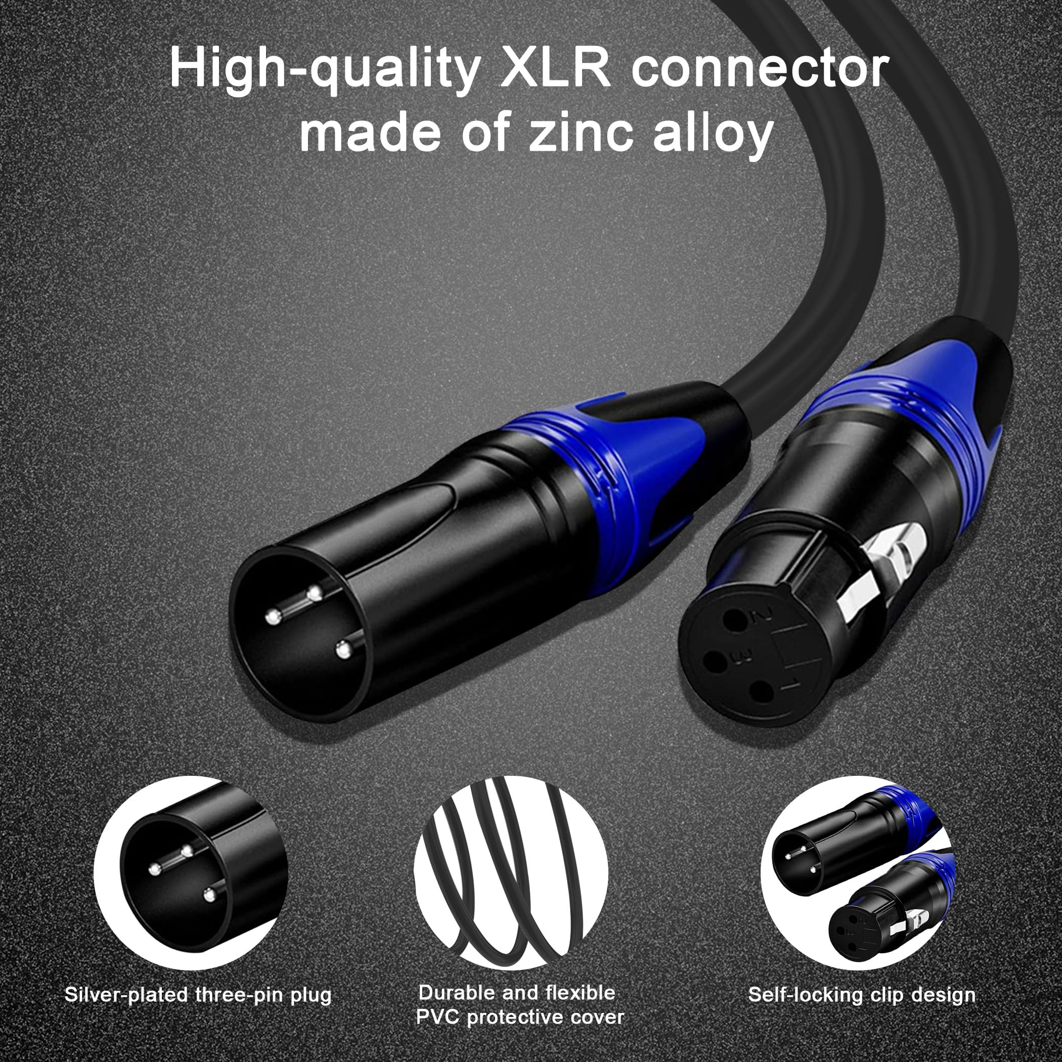 XLR-Kabel, 2 m, hochwertiges symmetrisches Mikrofonkabel mit 3-poligem XLR-Stecker auf Buchse, Mikrofon-Lautsprecherkabel, schwarz mit 2 Farben (Blau und Grün), reines Kupfer und beschichtete