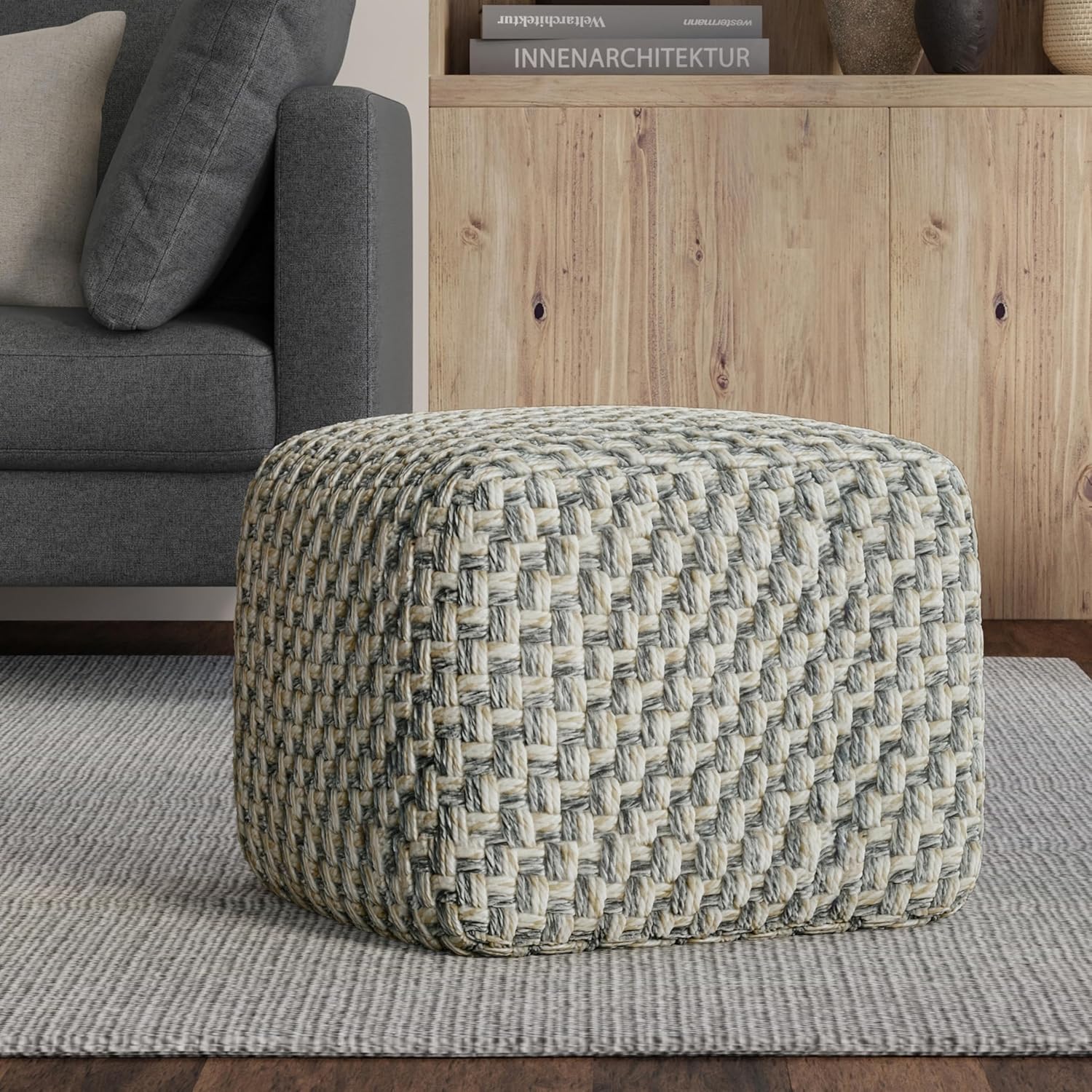SIMPLIHOME Beatrix Square Pouf - 18 inch Wide Handcrafted PET Polyester Indoor/Outdoor Ottoman in Multi-Color, Boho Footstool or Extra Seating for Living Room or Patio with EPS Filling, Assembled