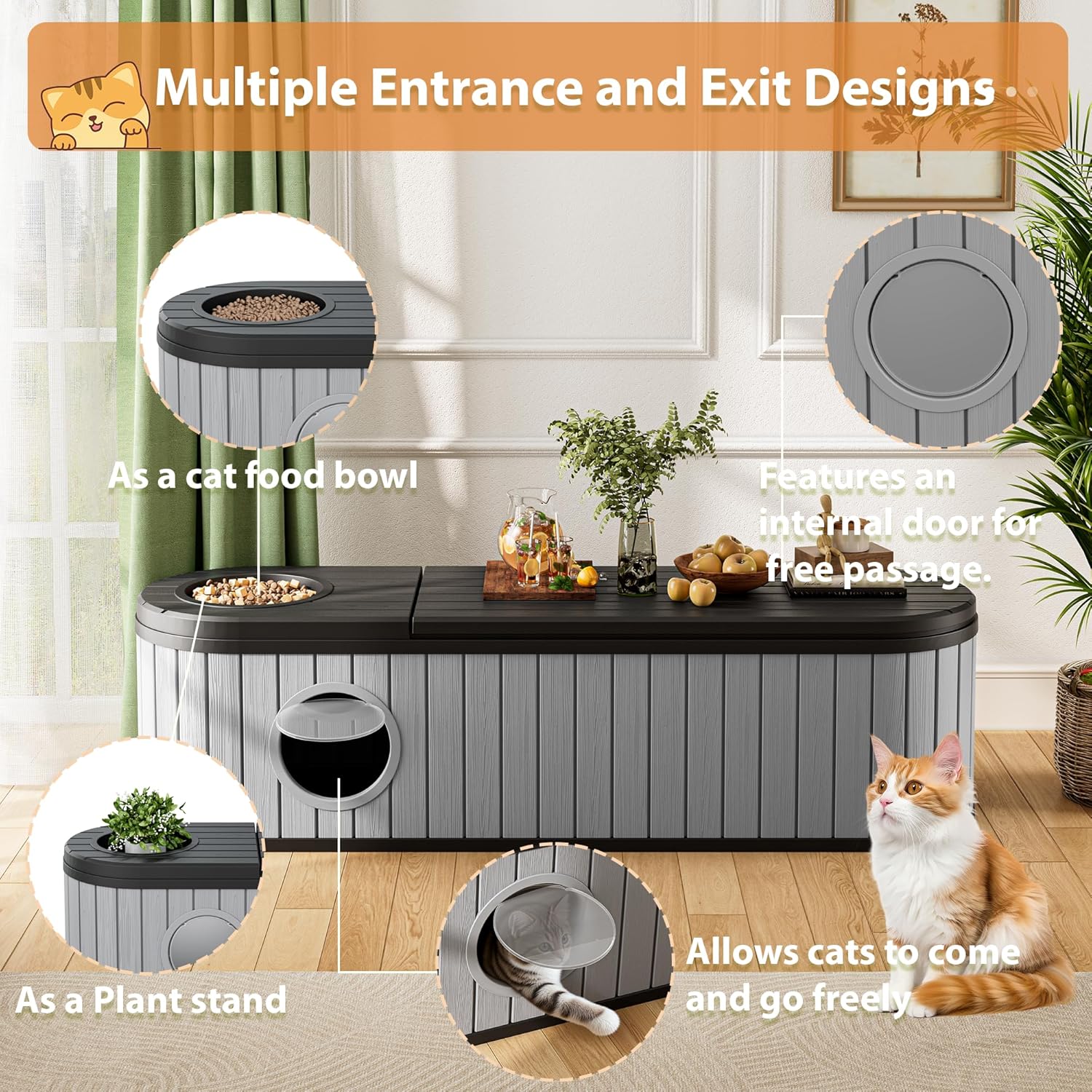 Hidden Litter Box Furniture for 2 Cats,Cat Litter Box Enclosure with Round Lift-up Door,Large Cat Cabinet,Indoor Cats House with Two Exits Grey
