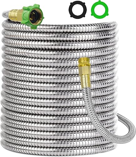YANWOO Manguera de jardín de acero inoxidable 304 de 120 pies con conector de metal hembra a macho, manguera de agua flexible y ligera, segura para