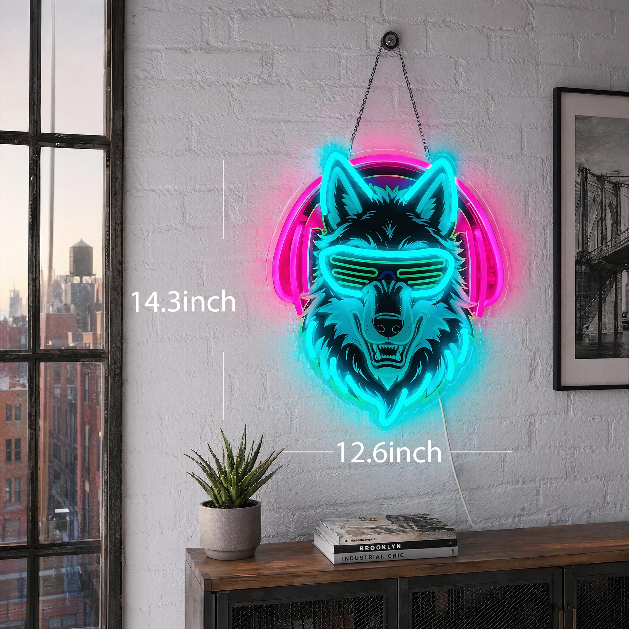 Wolf Neonschild, 36,6 x 32 cm, dimmbar, LED-Wolf-Neonlicht mit Kopfhörern und Sonnenbrille, USB-betriebenes Gaming-Neon-Wanddekor mit 10 Helligkeitsstufen, rosa & eisblau, Neonschild für Spielzimmer