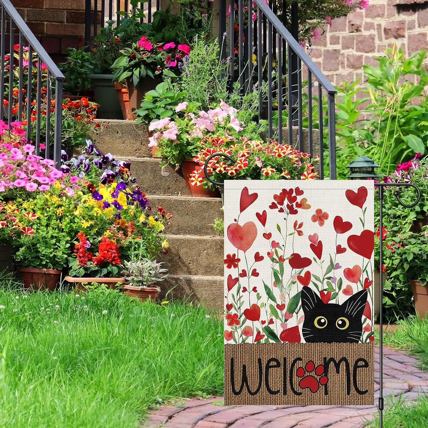 Valentines Day Garden Flag 12x18 Inch Double Sided Outside, Black Cat Love Hearts Flower Small Burlap Welcome Yard Outdoor Flag - Image 3