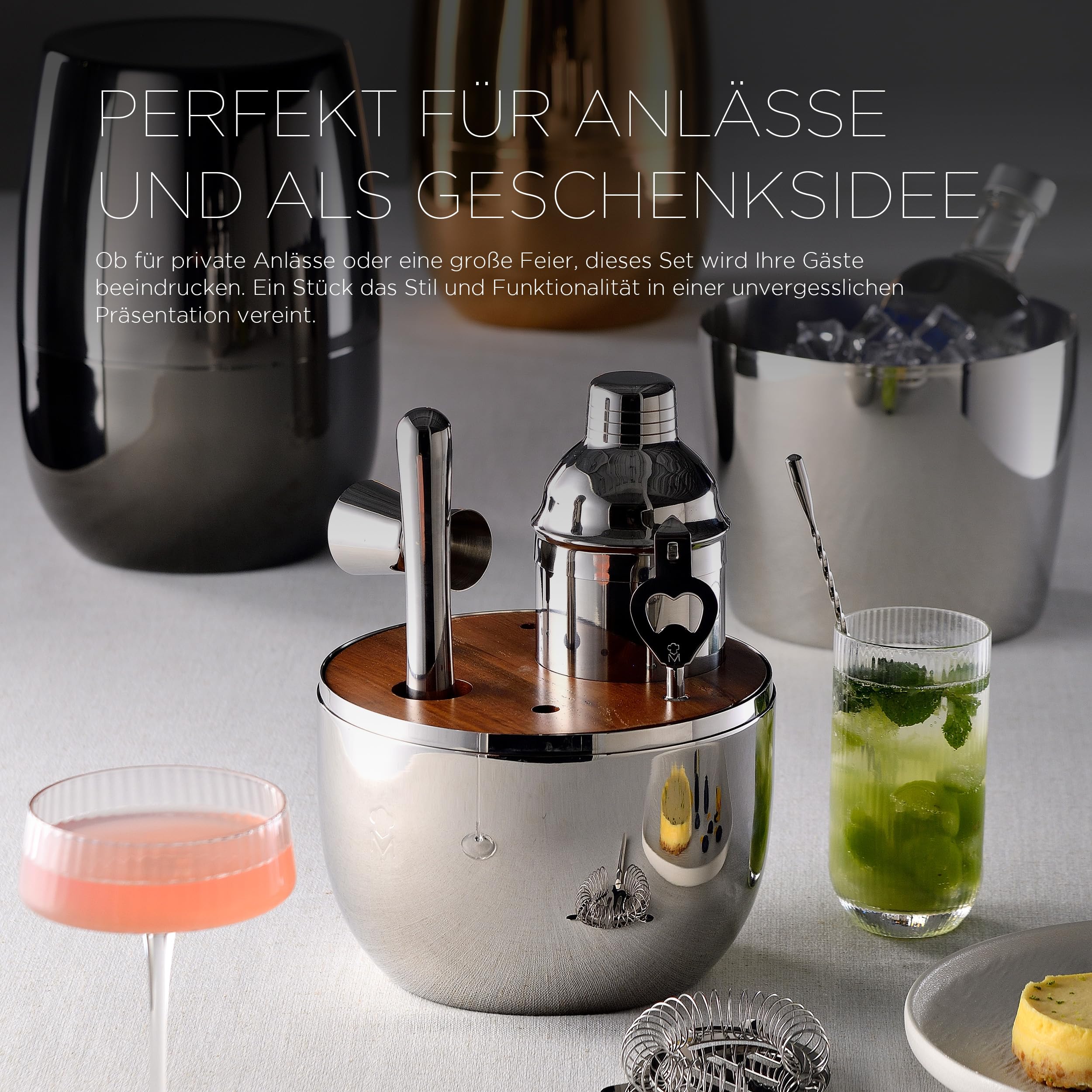 MasterPRO The Drop - 6-teiliges Cocktail-Set aus Edelstahl - mit Sieb, Flaschenöffner, langem Löffel, Cocktail-Shaker, Jigger, Zerkleinerer - stilvoll und professionell