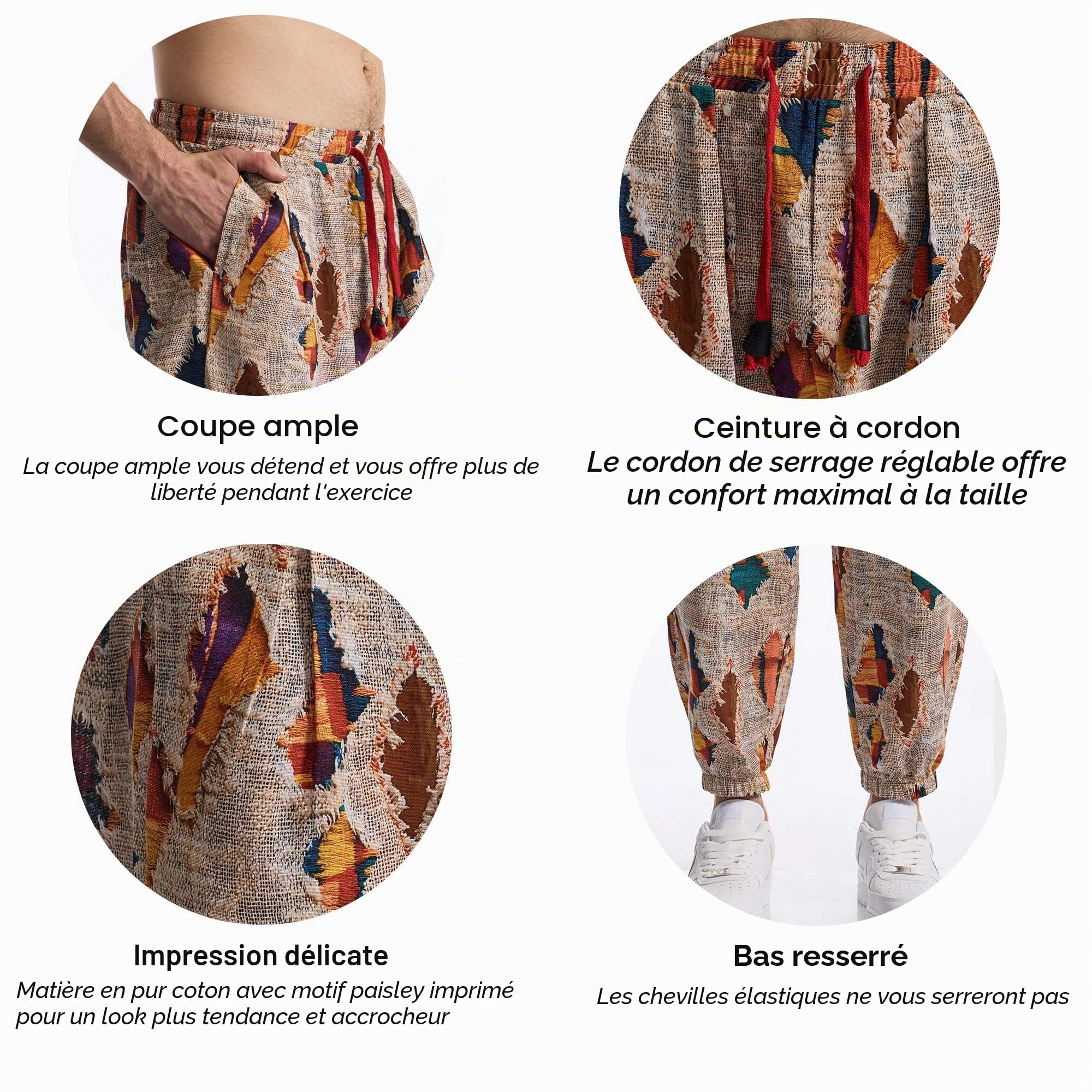 MakingDa Pantalon de survêtement en coton imprimé 3D pour homme - Taille élastique - Hippie Bloomers - Pantalon cargo pour la plage, la marche, la course à pied, le jogging