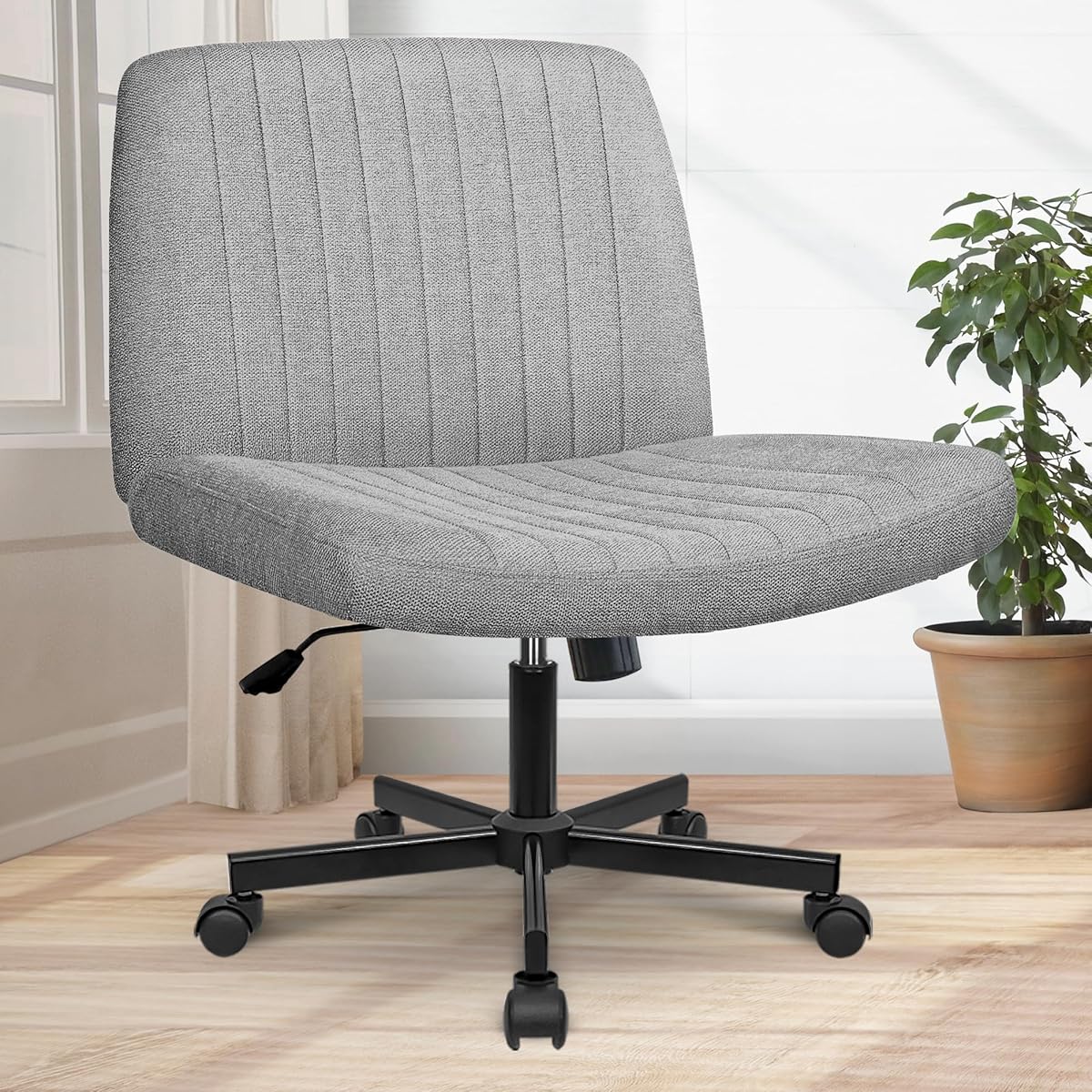 Orange Factory Criss Cross Chair Wheels Wide Cross Legged Office Desk Vanity Chair Comfy Fabric Armless Adjustable Swivel for Home Computer Task (Gray)