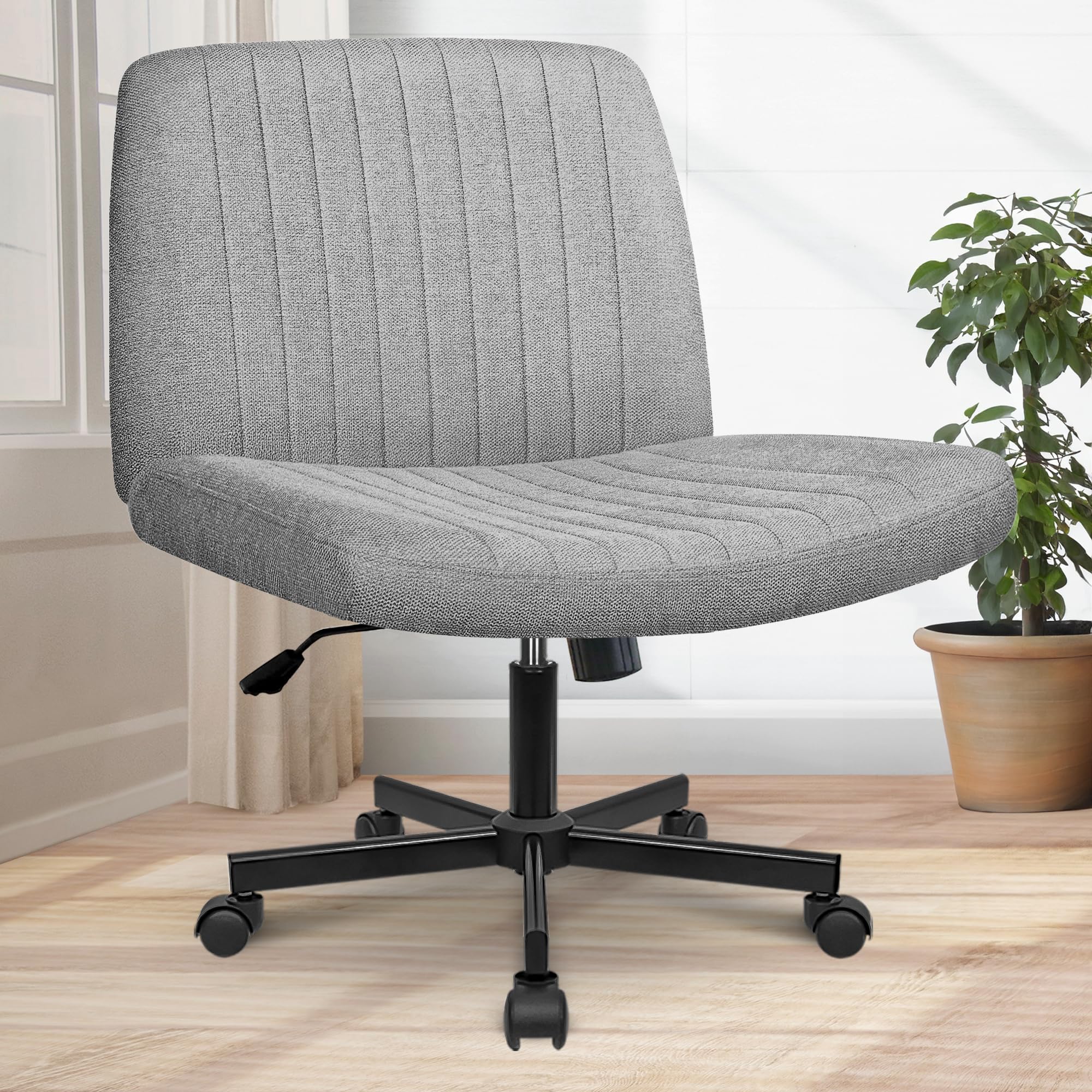 Orange Factory Criss Cross Legged Armless Desk Reading Chair with Wheels Swivel Modern Ergonomic Vanity Bedroom Adjustable Wide Comfy Computer Gaming Chairs for Home Office (Grey)
