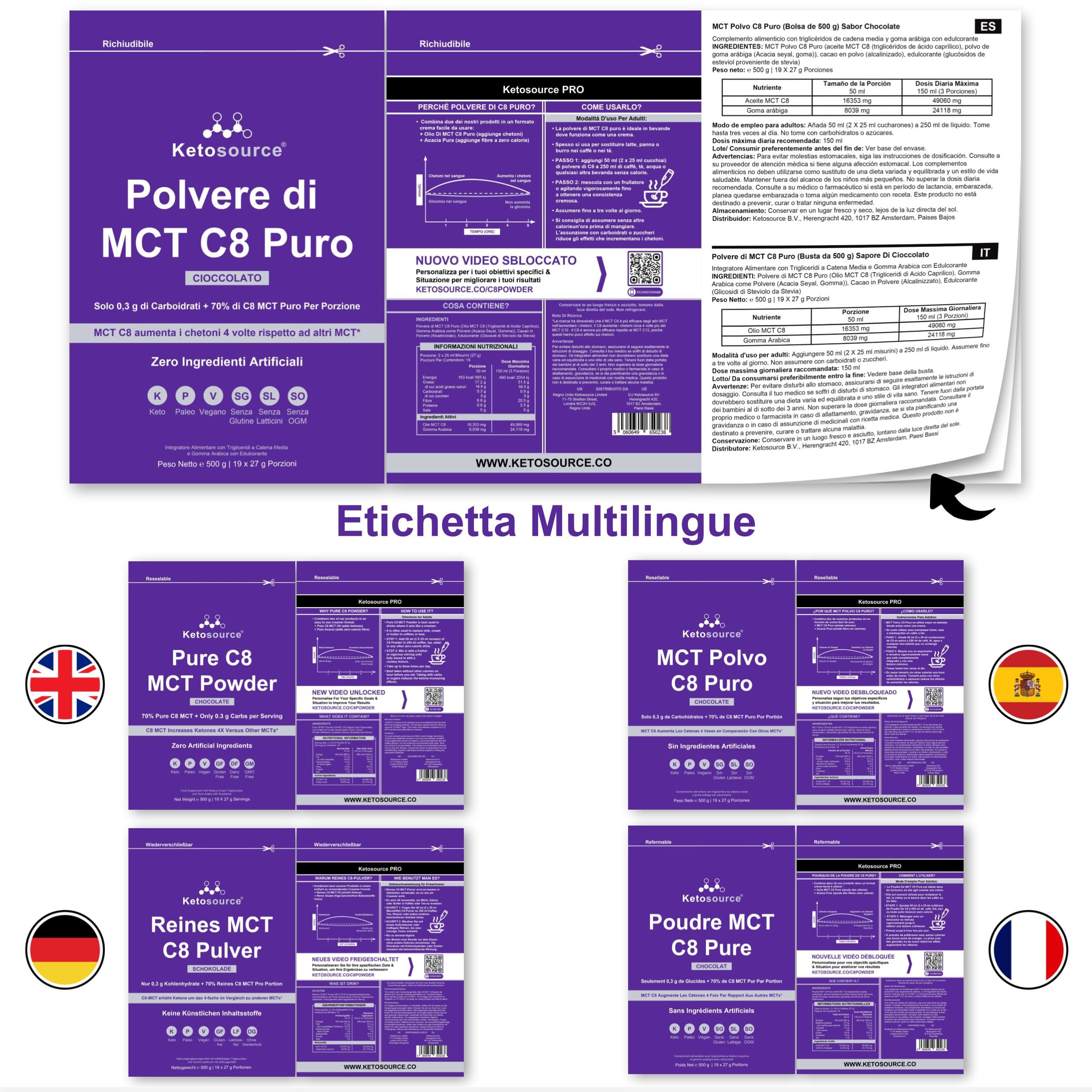 Polvere di MCT C8 Puro al Cioccolato | 4X Aumento dei Chetoni Rispetto ad Altri MCT | Zero Carboidrati | Supporta la Dieta Keto e il Digiuno | Zero Ingredienti Artificiali | 500g | Ketosource®