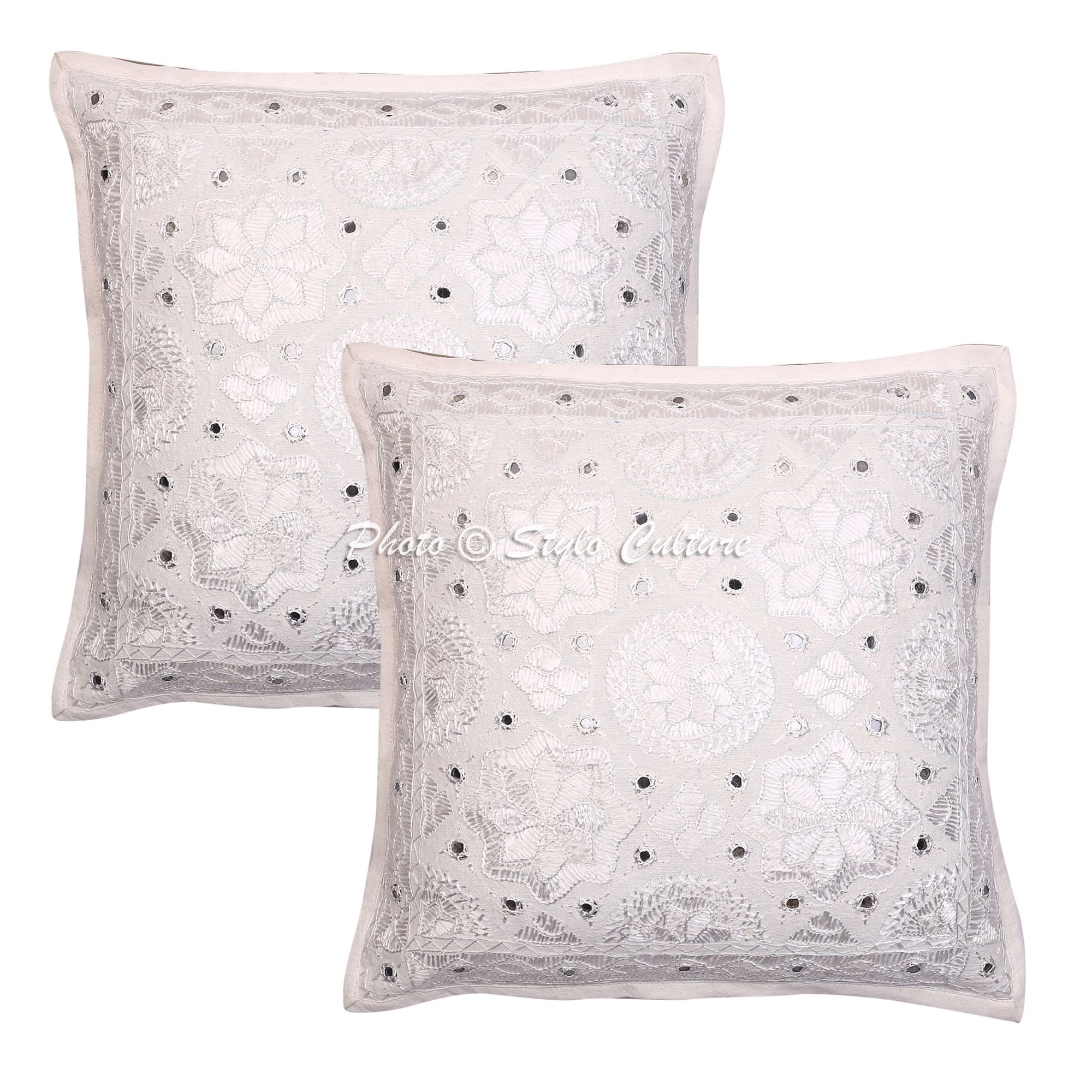 Fodera Per Cuscino 40x40 Cm, Ricamo A Mano Con Specchi, Stile Bohemien, Cotone Bianco Sporco, 1 Pezzo