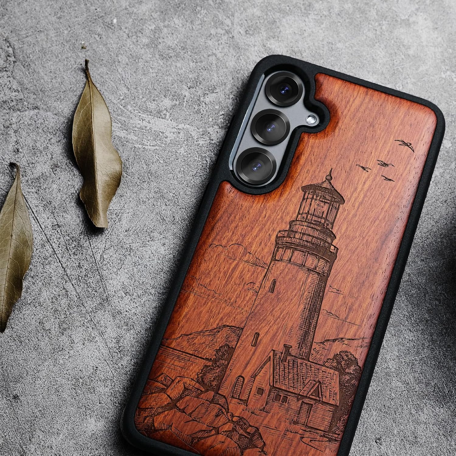 Carveit Magnetic Wooden Case for Galaxy S25+ Samsung S25 Plus Case, TPU Shockproof Cover & Wood Engraved, Compatible with MagSafe Wireless Chargers (Lighthouse) Rosy