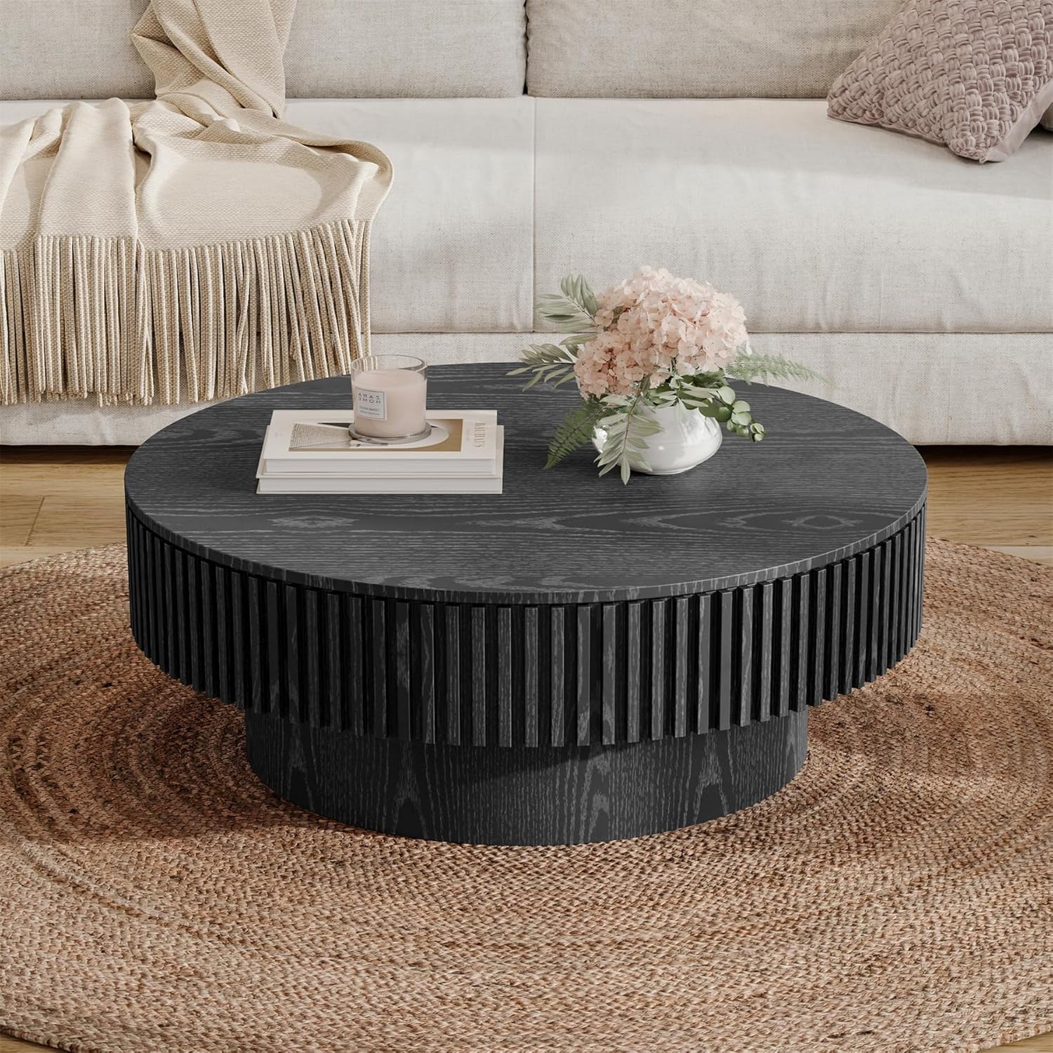 31.5" Round Coffee Table with Storage, Modern Black Drum Coffee Table for Living Room, Solid Wood Circle Fluted Coffee Table Accent Side Table for Apartment,Office, Easy Assembly
