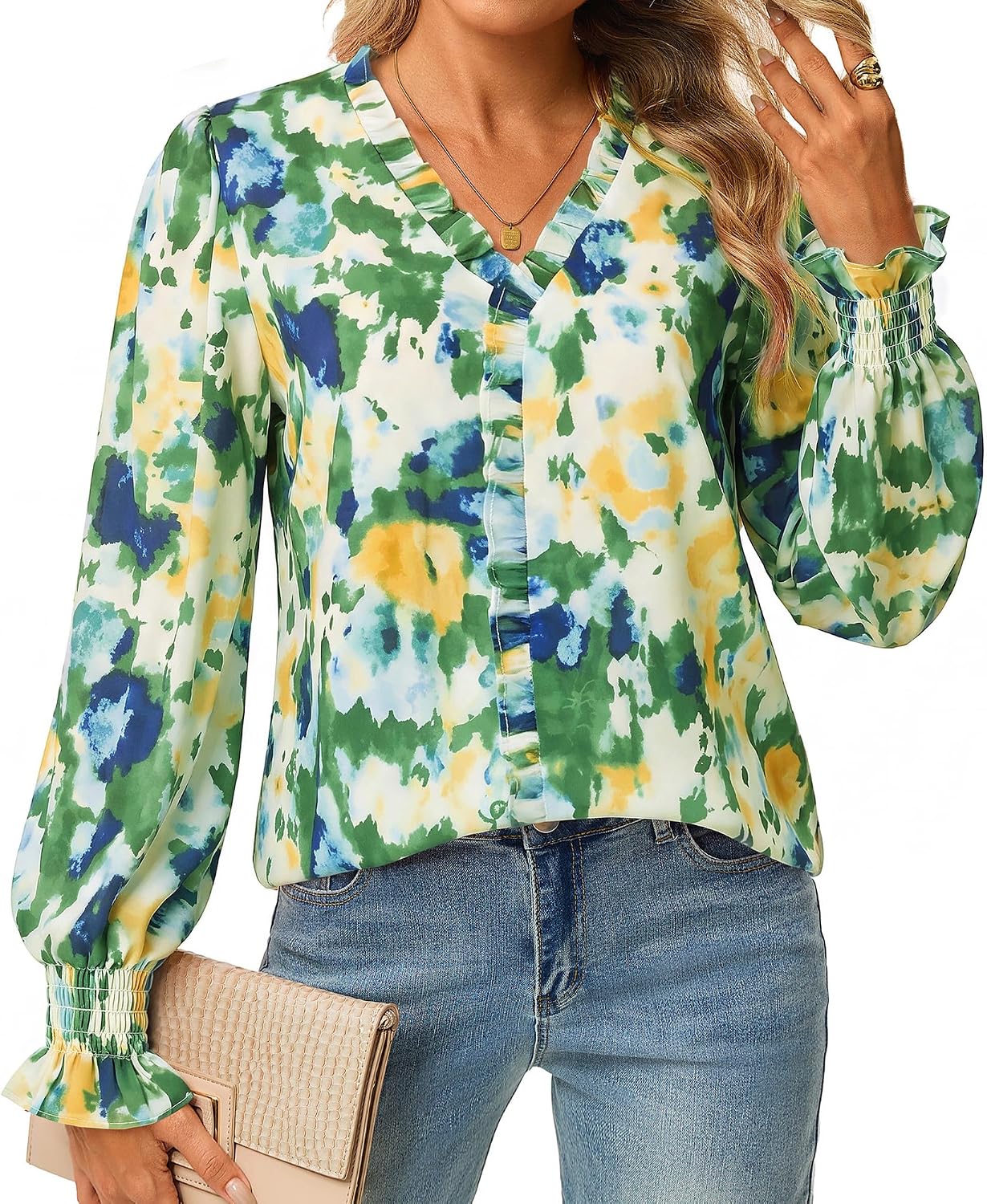 GRACE KARIN Womens Boho Tops Dressy Casual Chiffon Blouses Multi Green M